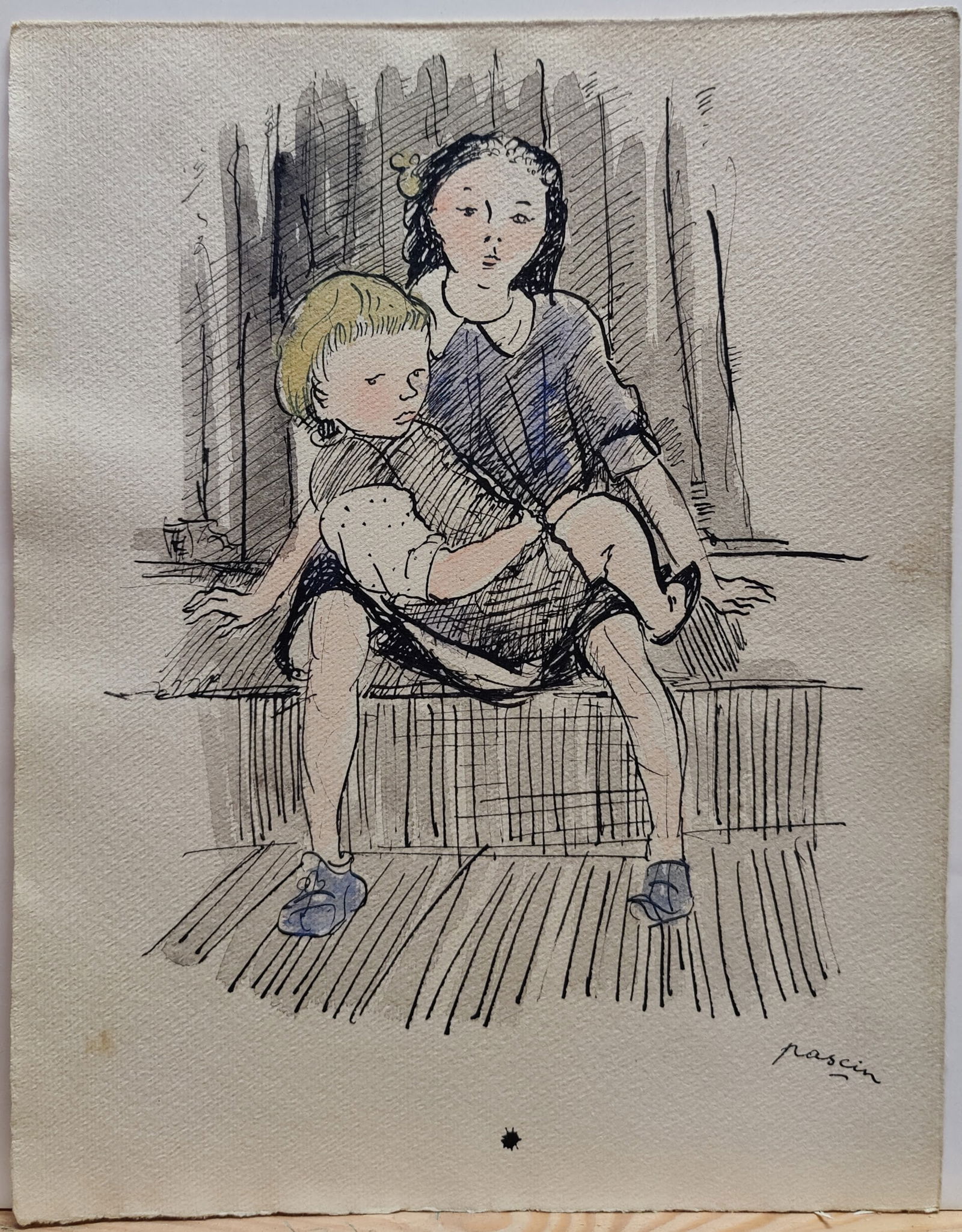 Jules Pascin Pen, Ink and W/C Sisters on the Stoop: Jules Pascin (New York, France, Bulgaria, 1885 - 1930) pen and ink and watercolor study of Sisters on a City Stoop. An early 20th c. Modernist Study work on paper by Pascin and signed lower right. Goo