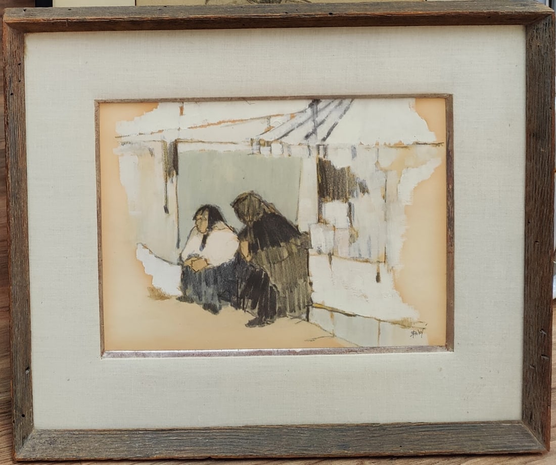 Bailey Signed Ink & Gouache Titled Spainish Women: Very good condition, original work on paper of Spainish Women conversing in the village square. Nicely period framed and matted in a Heydenryk frame. Signed Bailey lower right. From the NYC Estate of