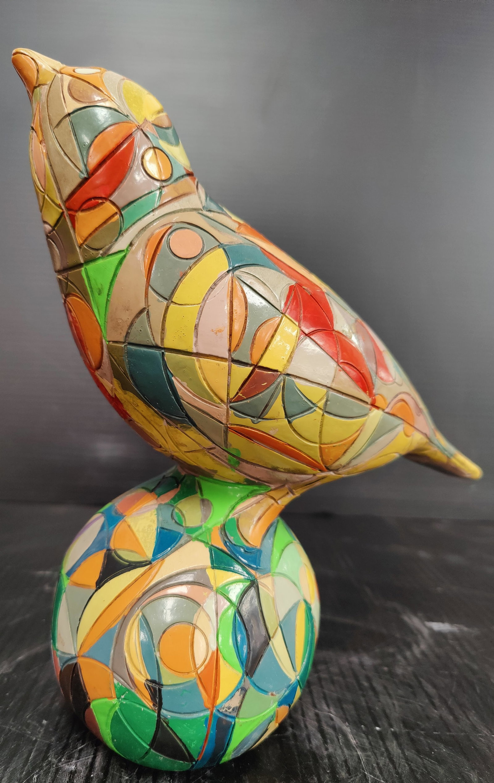 Alexander Ney Psychedelic Terracotta Bird on Ball: Alexander Ney (Russian Federation, New York, France, b. 1939 - ) polychrome psychedelic painted Terracotta bird Sculpture in very good condition, with minor scuffing, paint chips to the finish, staini