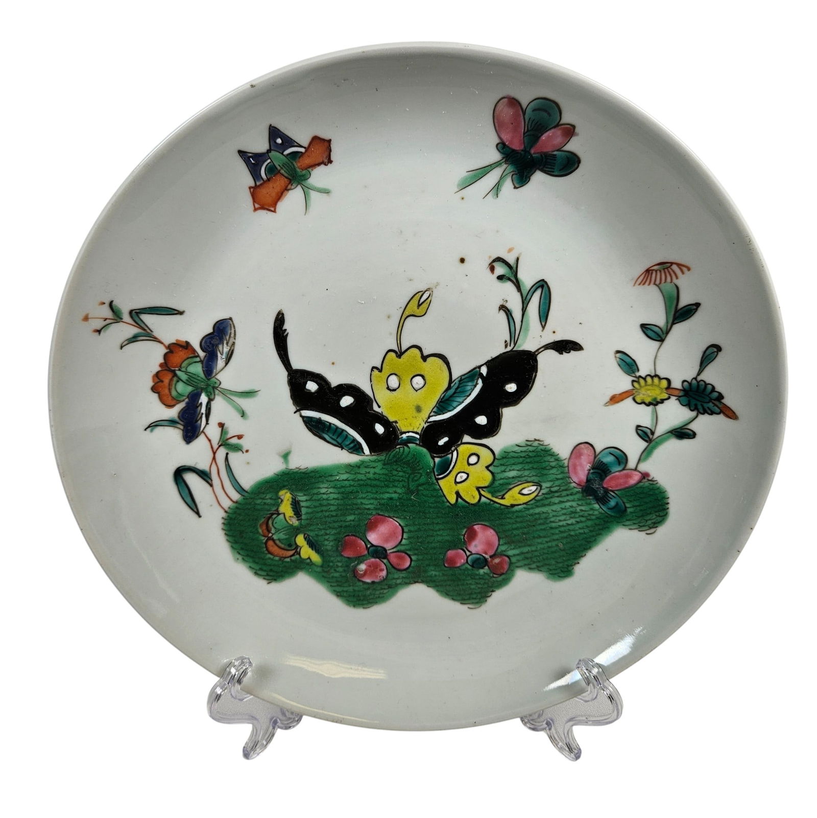 Republic Period Chinese Famille Rose Porcelain Butterfly Plate: Large black and yellow butterfly on green stylized ground. Measures 1.25 inches high, 9 inch diameter. Overall good condition - some missing glaze, please see photos. No other damage found. Checked wi