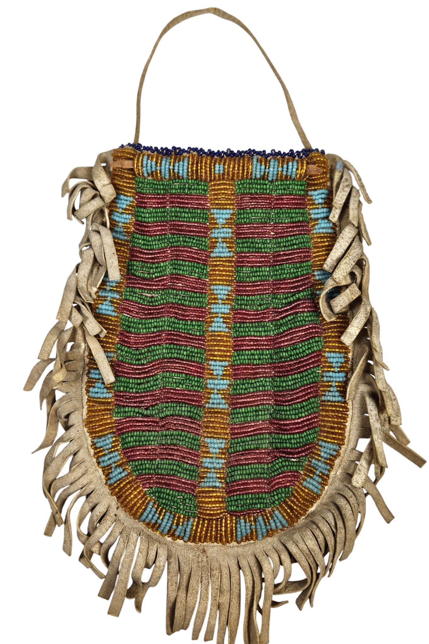 c1890 Native American Sioux Leather Beaded Bag: Measures 8 inches long to fringe, approx 5.5 inches wide. Overall good condition, please see photos. Comes from a prolific collection of native american items from a singlular estate on Long Island.