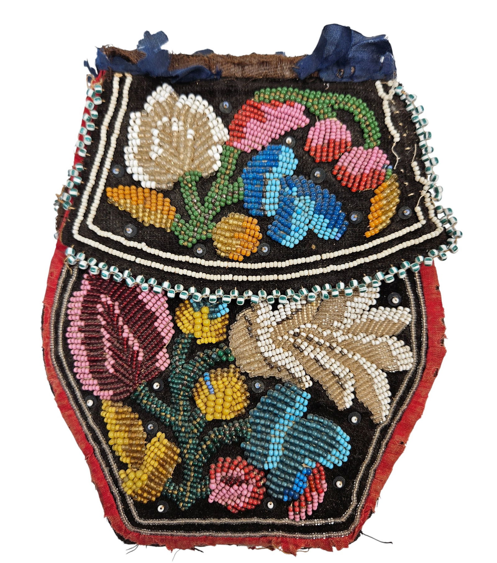 19th Century Native American Iroquois Double Sided Beaded Bag: Native American Iroquois beaded bag, double sided, late 19th century. Bag opens at top. Overall good/fair condition, some areas of bead and border material loss. Please see photos. Bag body measures 7