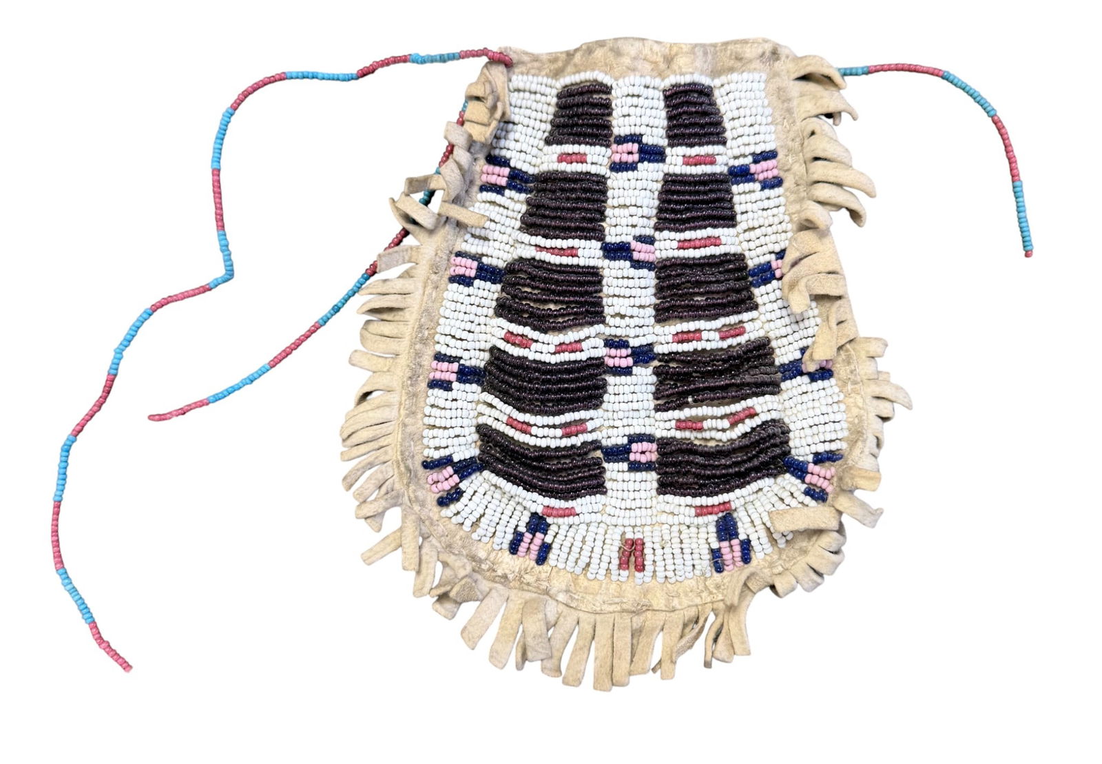 Vintage Native American Sioux Beaded Leather Bag: Beaded on both sides. Measures 5.75 inches long, 5 inches wide. Overall good condition, please see photos. Comes from a prolific collection of native american items from a singlular estate on Long