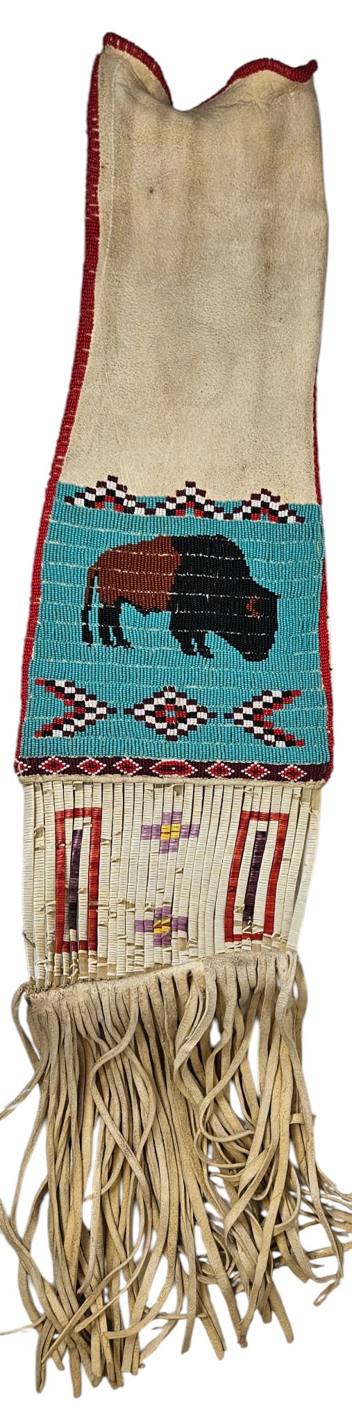 Vintage Sioux Cheyenne River Leather Beaded Pipe Bag: Created by Rosalie Good Bear, wife of Leonard Good Bear. Measures approx 30 inches long, 8 inches at its widest. Overall good condition, some of the wrapping is coming off from sitting in storage,