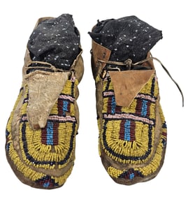 19th Century Pair Native American Plains Hide Beaded Moccasins