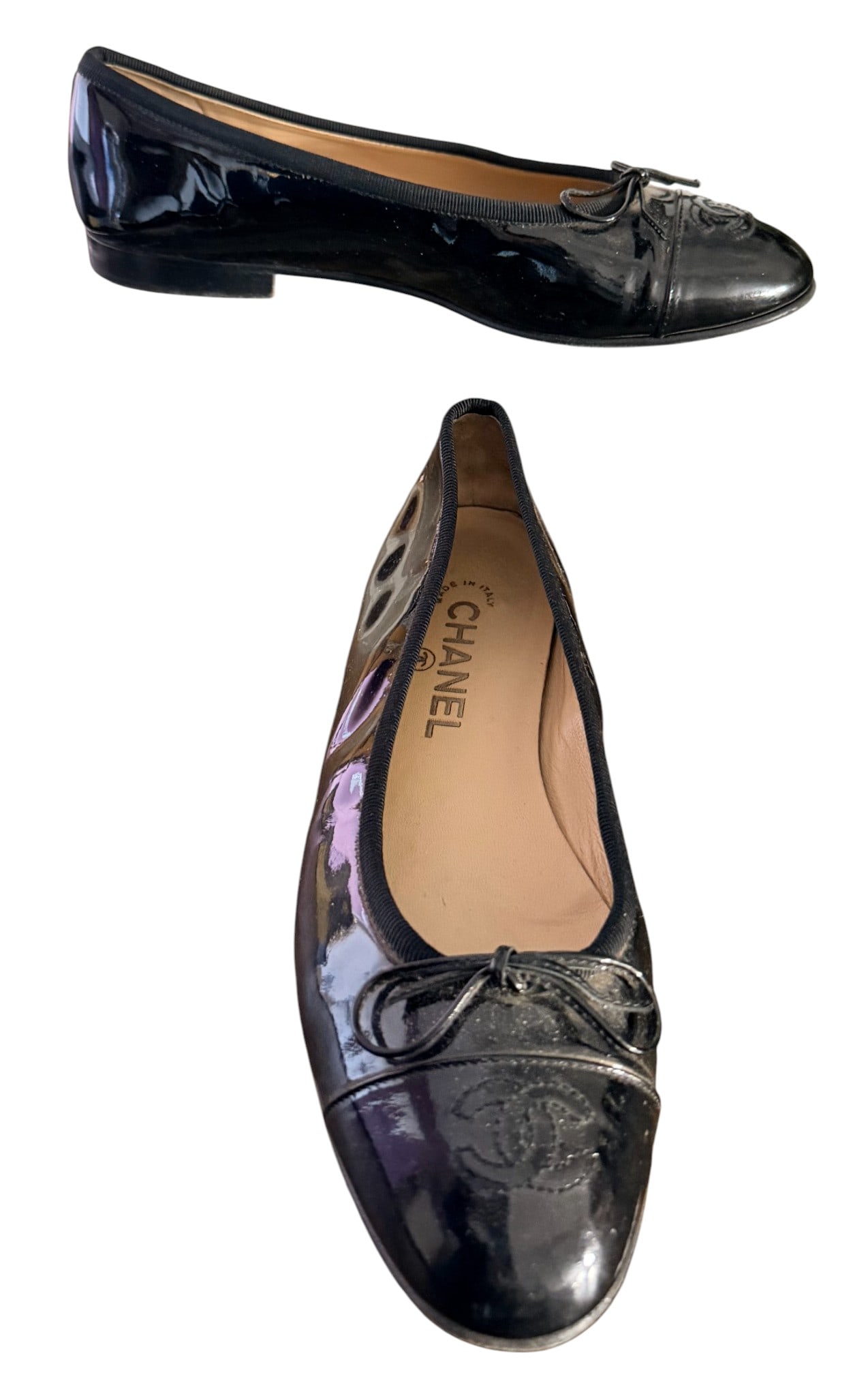 Chanel Lambskin Patent Cap CC Bow Ballet Flats: Overall good used condition, comes with original box and dust jackets. Size 37.5
