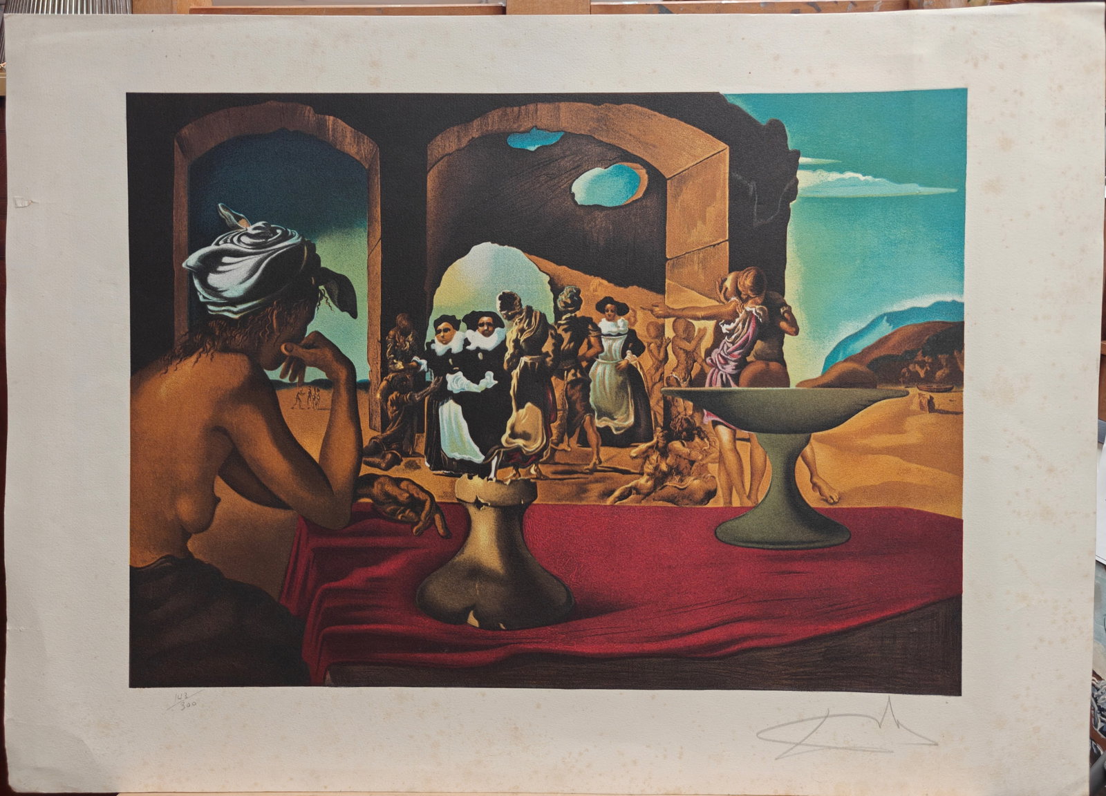 Salvador Dali Lithograph Slave Market w/ Bust Voltaire: Salvador Dali (France, Spain, 1904 - 1989) limited edition color lithograph on Arches watermarked paper, c. 1970s, titled "Slave Market with the Disappearing Bust of Voltaire". Fair condition, with to