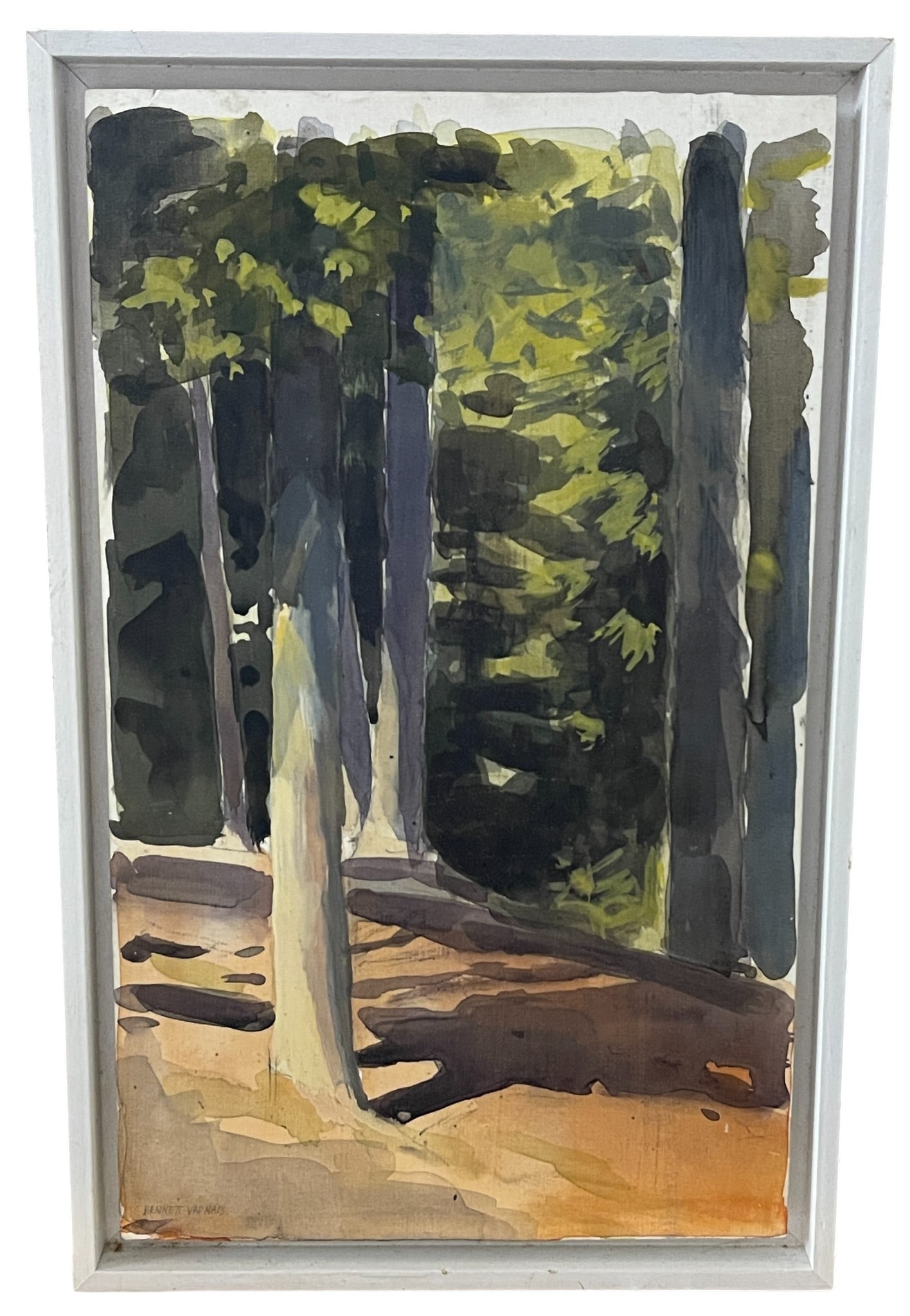 Bennett Vadnais O/B Painting Titled Forest Path: Bennett Vadnais (New York, b. 1978 - ) Oil on board titled "Forest Path". Excellent condition and float mounted in a white painted frame. Frame has minor paint edge wear. A beautifully executed view o