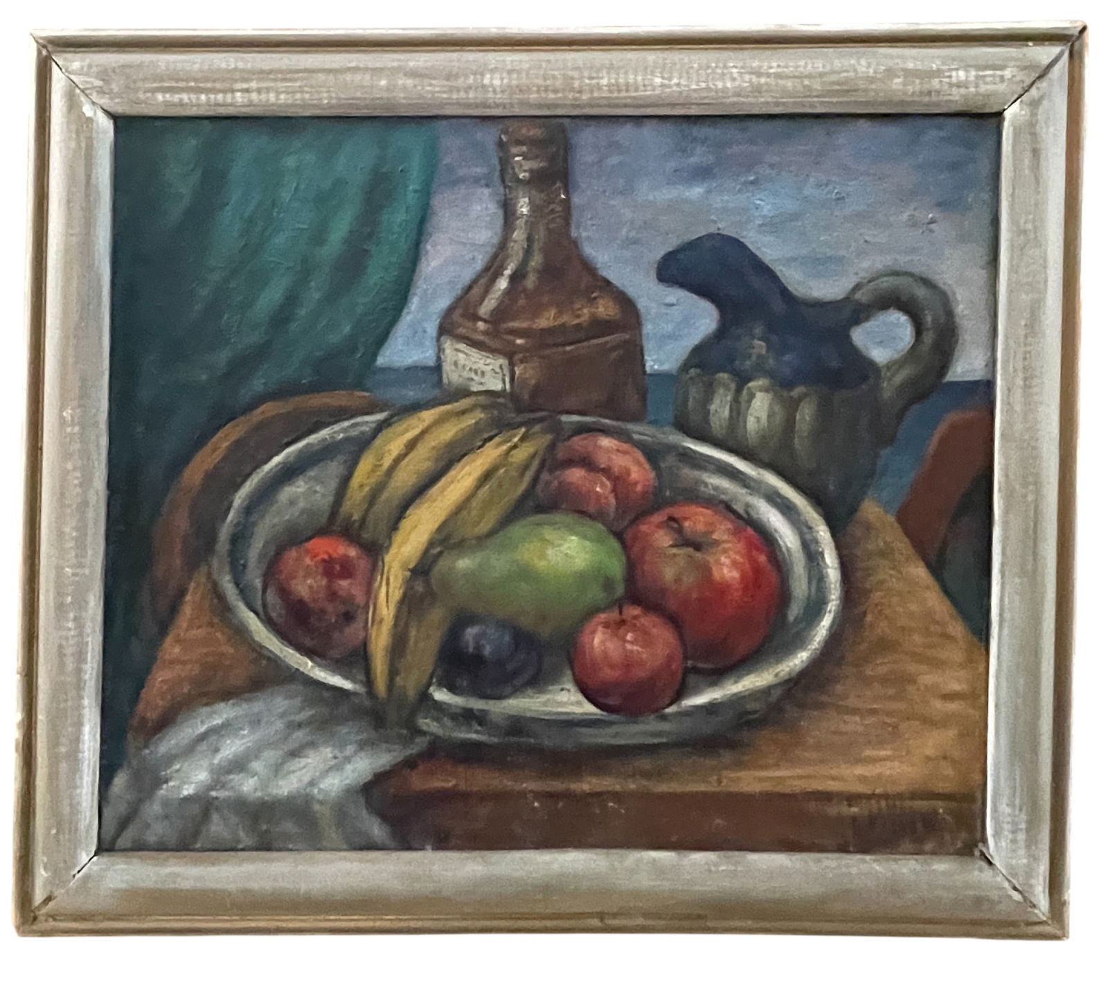 Oscar Fisher WPA Era Cubist Style Still Life with Fruit: O/C painting c. 1930s in the Cubist style of a Bowl of Fruit on a Table with a Bottle of Cordial and Vase in the background. Good condition, with dirt accumulation and scuffing. Crudely gray painted p
