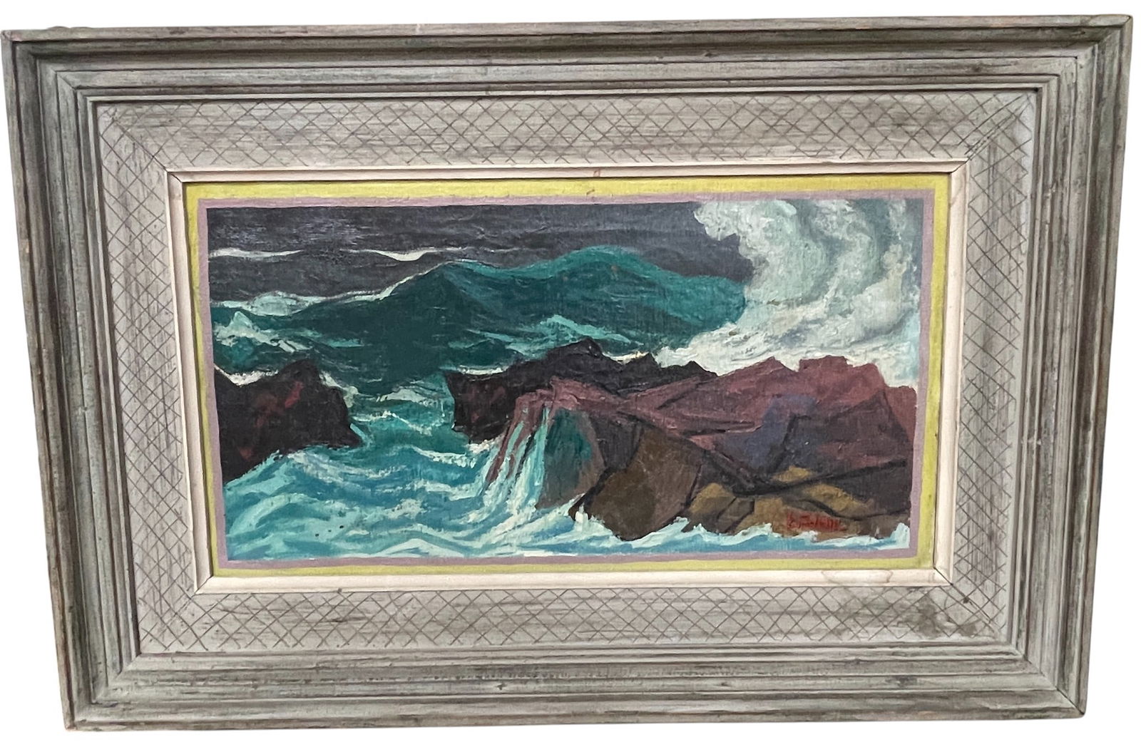 Ernest Fiene O/C WPA Style Rocky Inlet Seascape: Ernest Fiene (New York, Germany, 1894 - 1965) c. 1930s O/C colorful rocky inlet seascape. Very good condition. Nicely period framed in a washed gray and hand decorated framing. Signed lower right. Chr