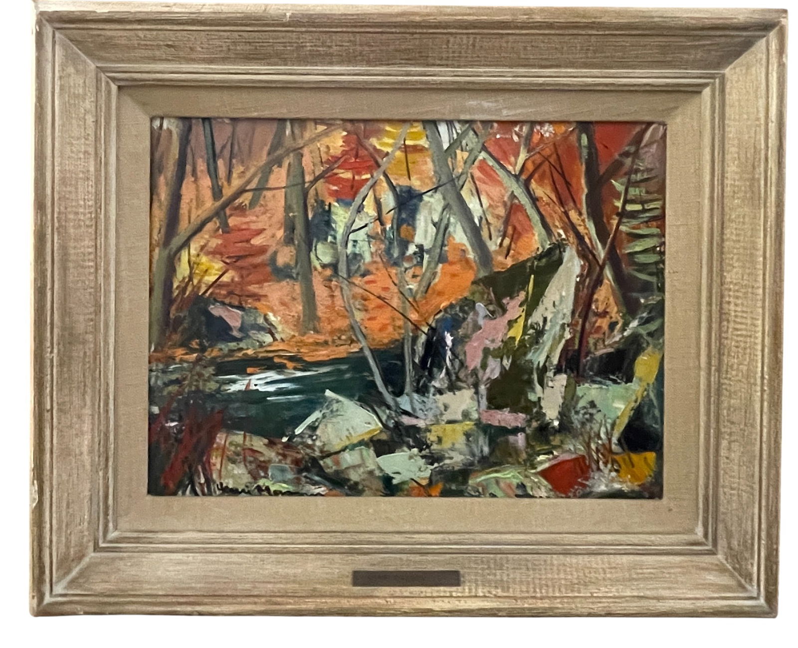 Henri Leopold Masson O/C Modern Abstract Landscape: Henri Leopold Masson (Canada, Belguim, 1907 - 1996) O/C Colorful Modern Abstract Impressionist Landscape Painting. Very good condition and nicely framed in a distressed and washed framing. Plate noted