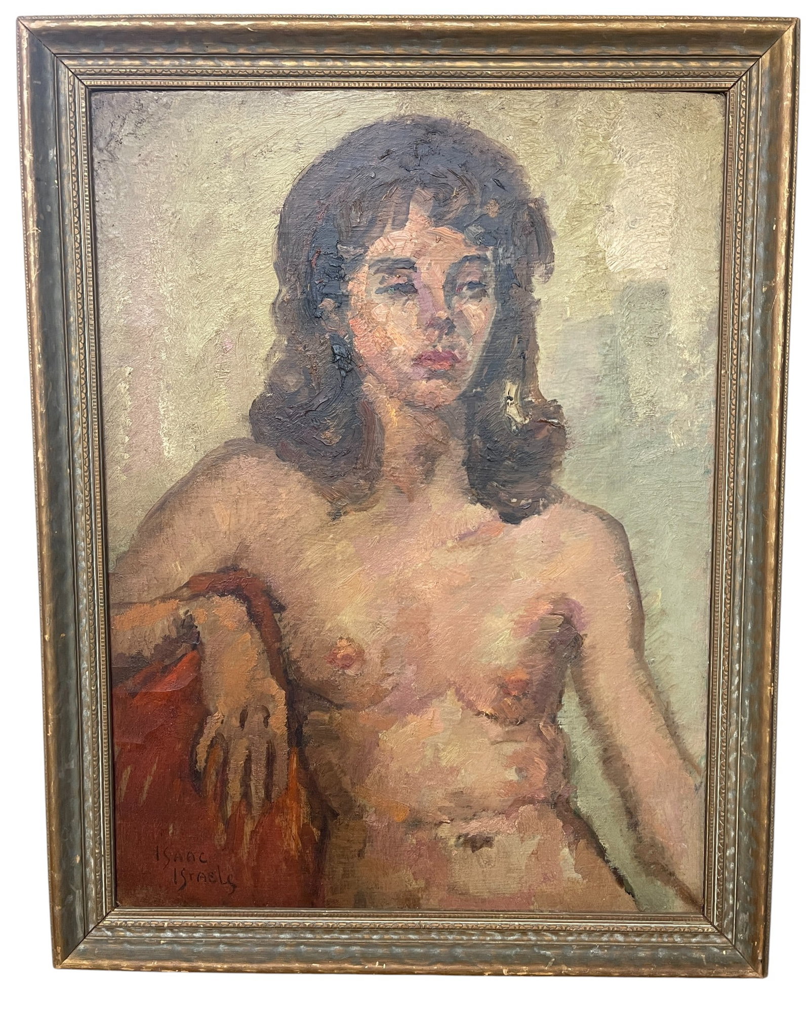 Isaac Lazarus Israels O/B Nude Japanese Woman Portrait: Isaac Lazarus Israels (Netherlands, Holland, France, 1865 - 1934) O/B painting, in good condition, with dirt accumulation, requiring a cleaning. Signed Lower Left. Signed and titled on verso,