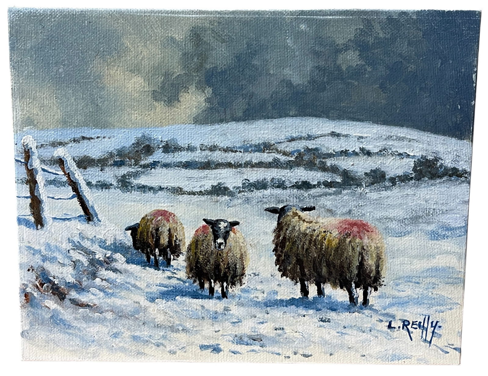 Liam Reilly O/B Landscape Titled First Fall Of Snow: Liam Reilly (Ireland, b. 1958 - ) O/B painting in excellent condition. A beautiful contemporary Irish countryside landscape of a snowy landscape, with sheep, in Ireland. Signed lower right. Noted, sig