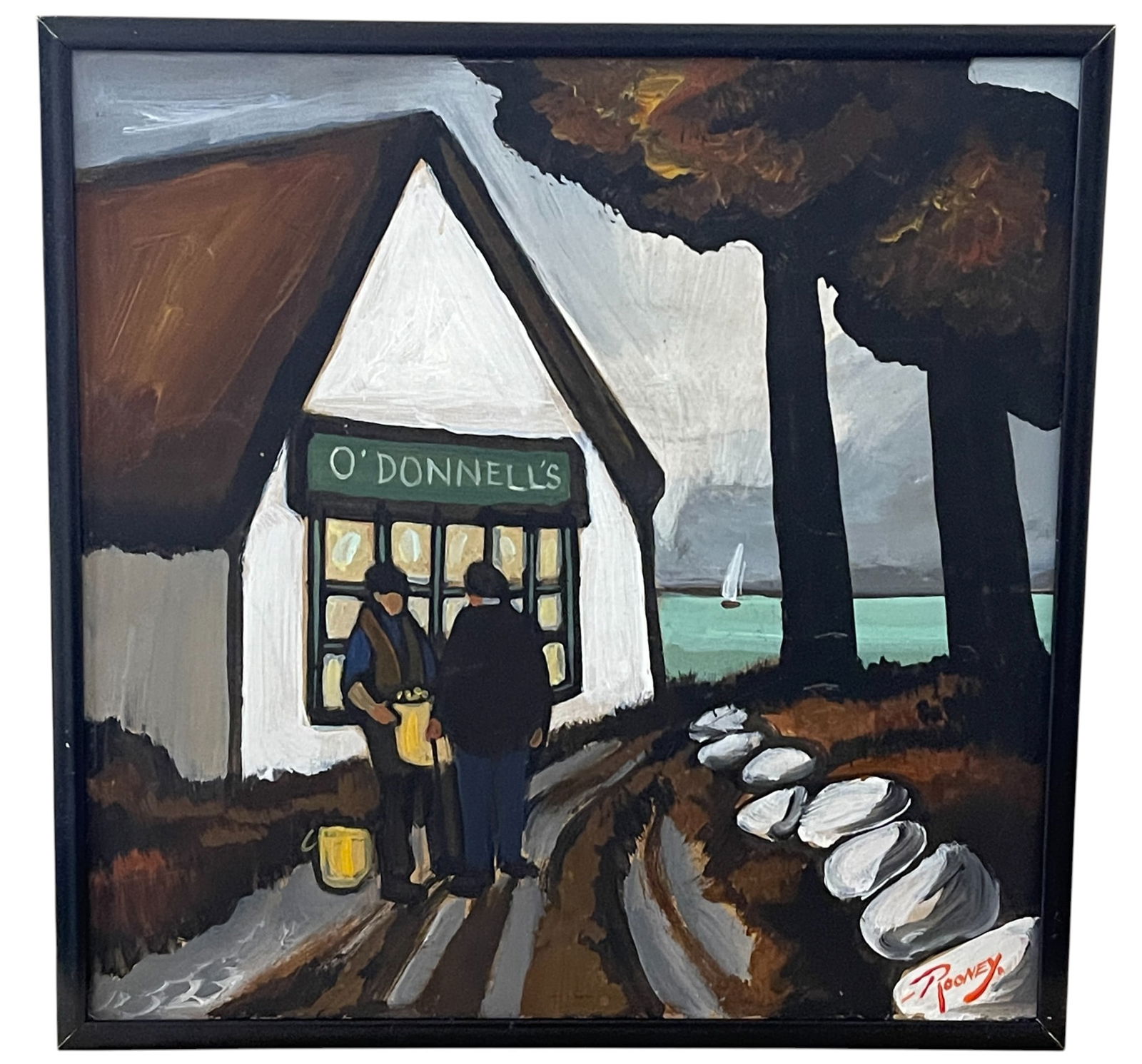J P Rooney O/B O' Donnell's Pub, Connemara, Ireland: J P Rooney (Ireland, United Kingdom, b. 1950 - ) colorful Abstract Impressionist O/B painting of an Irish Pub. Excellent condition and simply framed. Signed Rooney lower right. Pencil noted on verso.