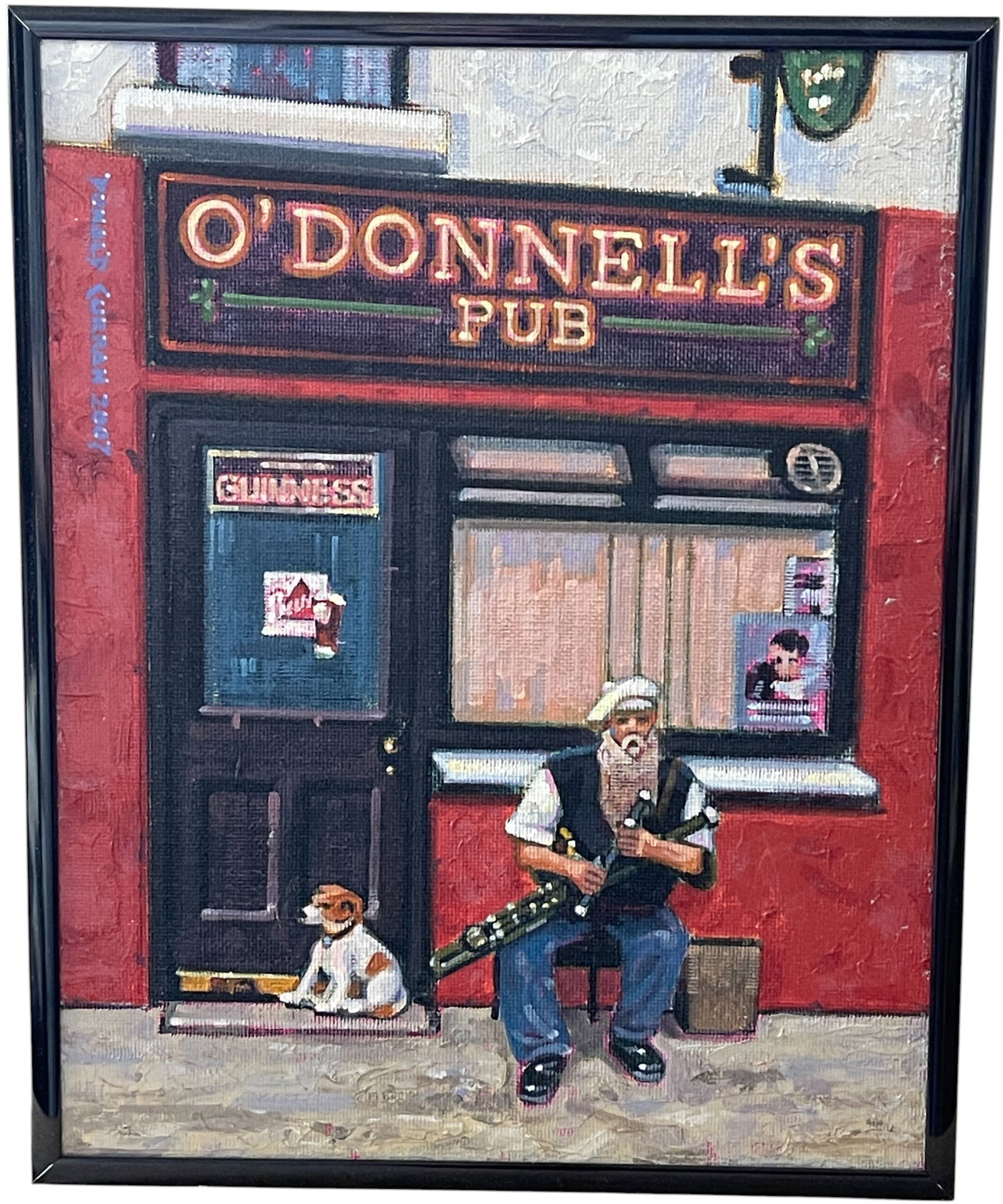 Donald Curran O/B O'Donnell's Pub, Serving Guinness: Donald Curran (Missouri, b. 1955 - ) O/B painting in excellent condition and simply framed. A beautiful contemporary and colorful painting of the front of O'Donnell's Pub, with a Guinness sign on the