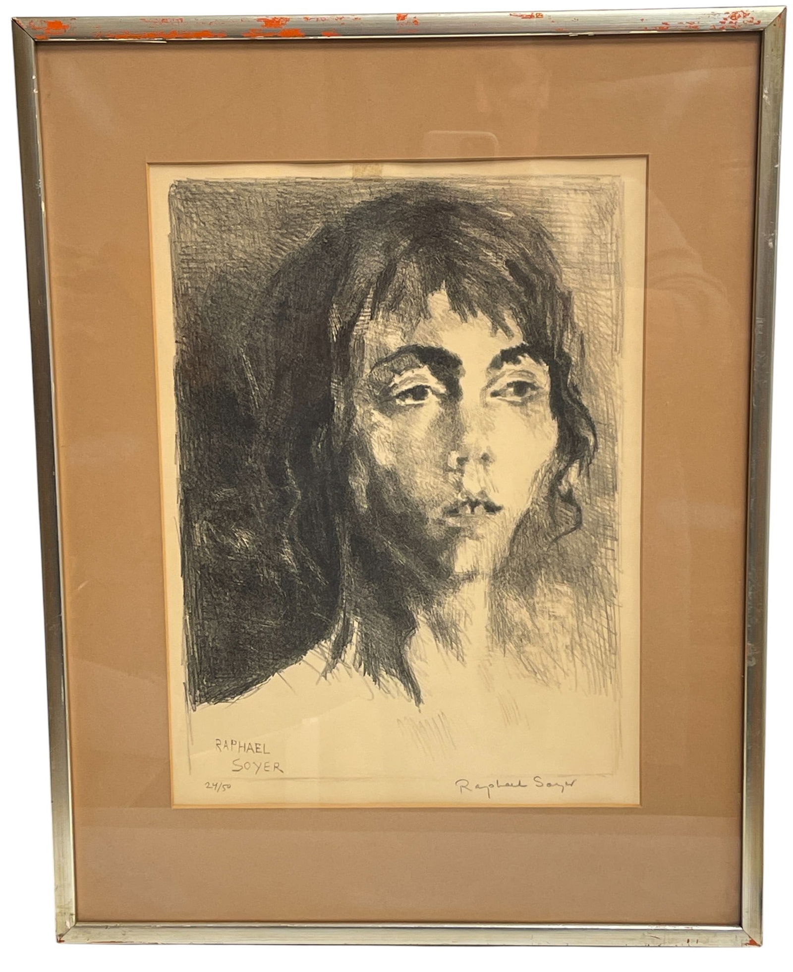 Raphael Soyer L/E Lithograph Titled Girl With Parted Lips: Raphael Soyer (Russia, New York, 1899 - 1987) lithograph on paper in very good condition, with toning and a glue mark in the upper middle, visible under the glass. Pencil signed and numbered 24/50 in