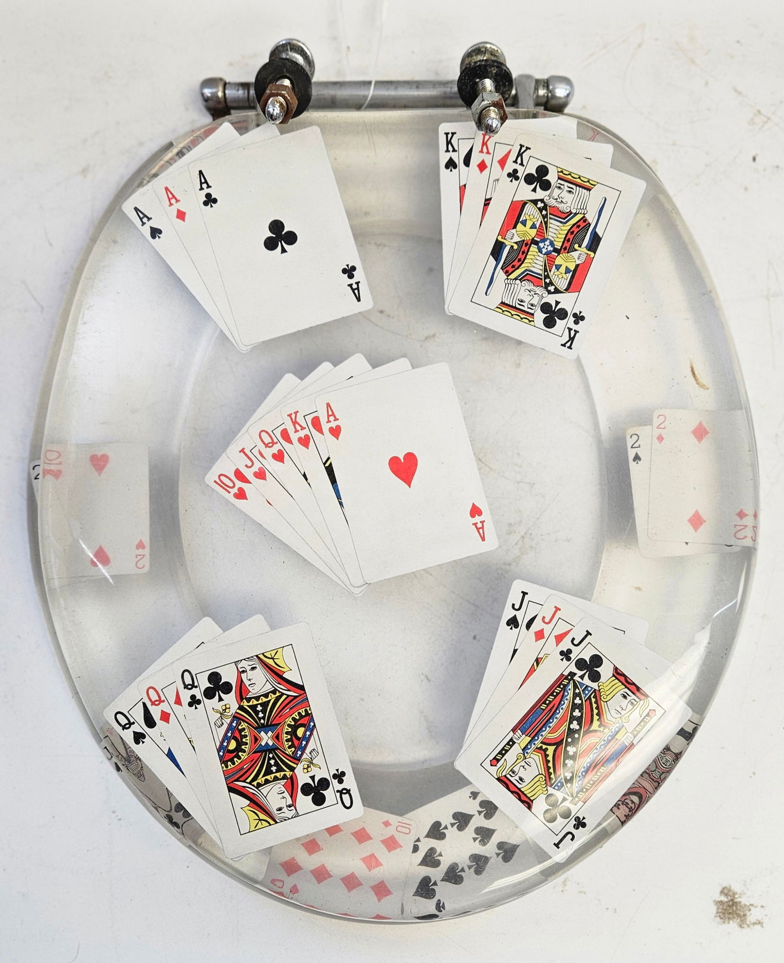 c1970 Lucite Toilet Seat with Playing Cards: Clear lucite toilet seat with playing cards in suits. Seat cover measures 15 inches long x 13 inches long. Seat measures 14 wide, and 17 inches with the hardware. Overall good condition, please see