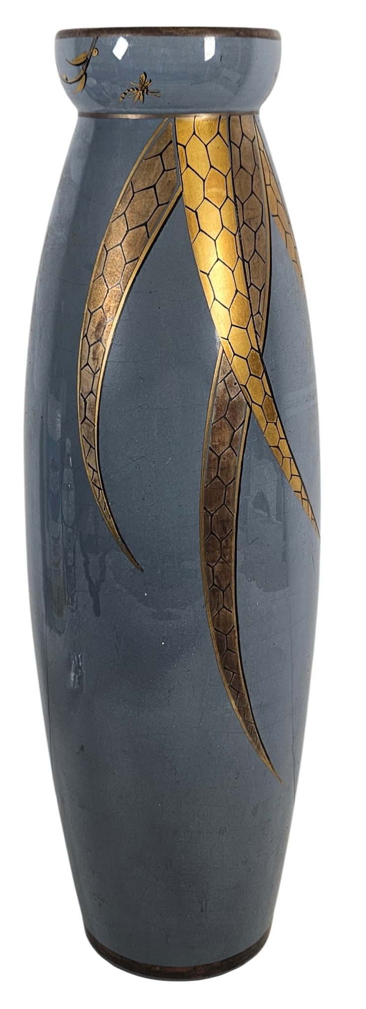 French Art Nouveau Pinon Heuze Porcelain Vase: Decorated in gold on a blue-grey ground. Signed on the side and stamped on the bottom. Measures 16 inches high, approx 5.5 inches at its widest. Overall good condition, light crazing. Please see photo