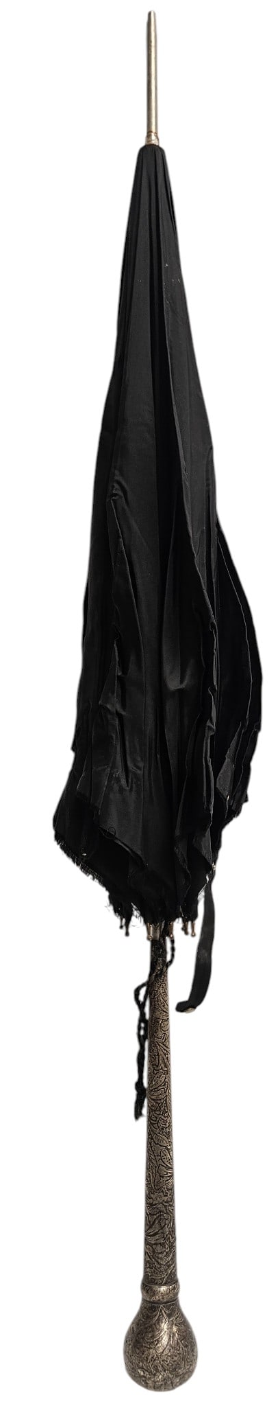 Art Nouveau Sterling Silver Handle Parasol: Parasol comes wtih original cover. Slight denting to the handle, please see photos. Measures 32.5 inches long. Overall good condition, fraying to edges but no rips or tears.