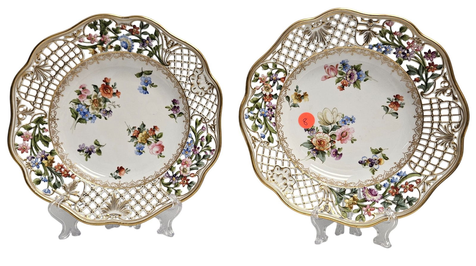 Pair German Hand Painted Reticulated Cabinet Plates Retailed by Burley & Co (1 of 6)