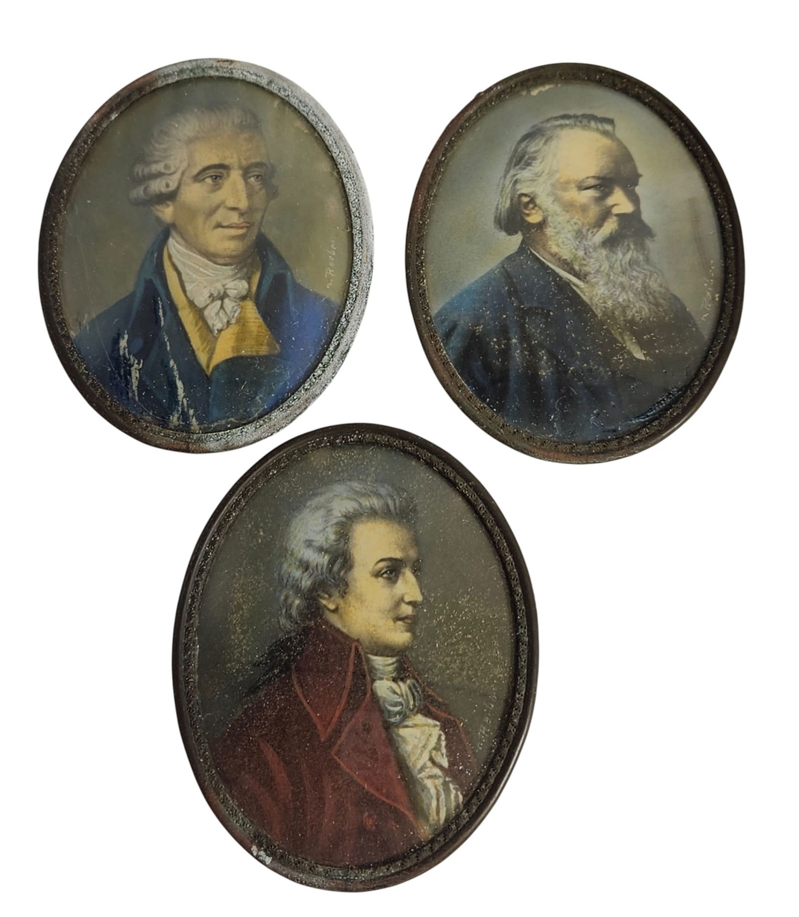 (3) 19th Century Portrait Miniature of Gentleman: All 3 signed Reiber. They measure 3.5 inches x 2.875 inches. Overall fair condition - some rusting to the frames, some paint loss from moisture, please see photos.