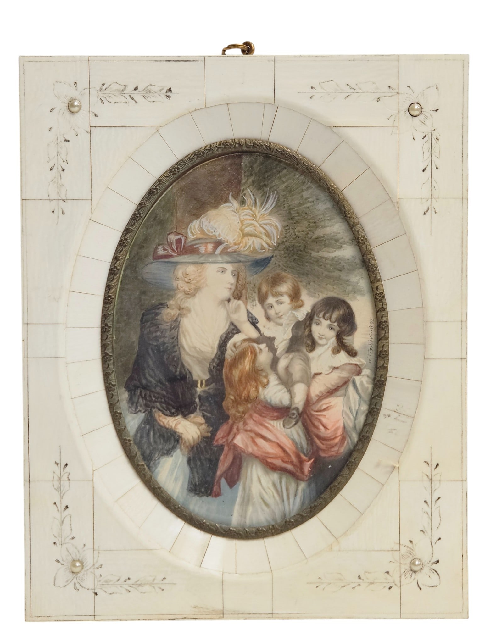 19th Century Portrait Miniature Grouping: Pearls in the center of the flower at the corners of the frame. Frame measures 7.875 x 6.25 inches, miniature measures 5.25 x 3.75. Signed but illegible. Overall good condition, please see photos.