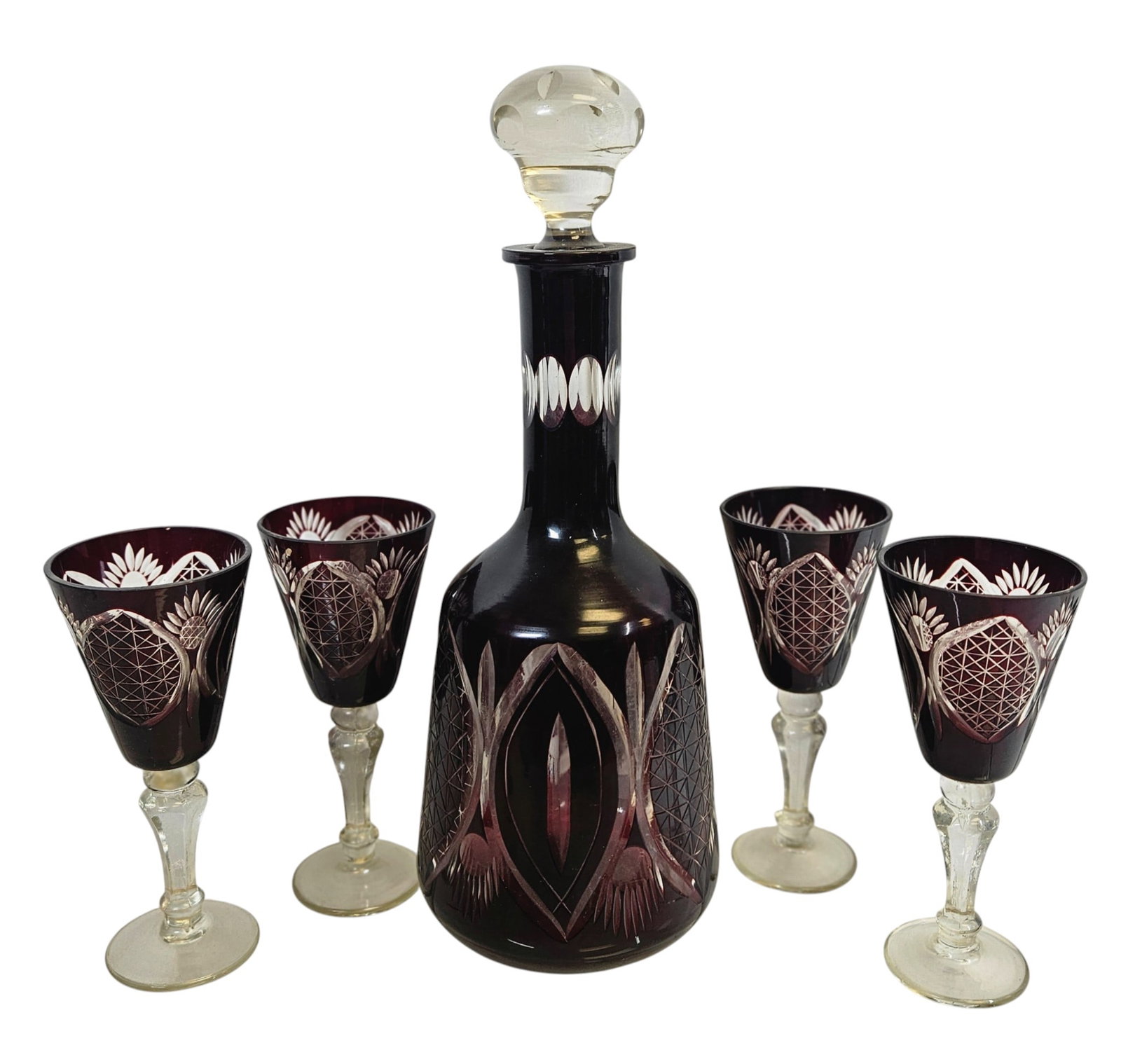 (5) Piece Bohemian Cut to Clear Crystal Decanter Cordial Set (1 of 5)