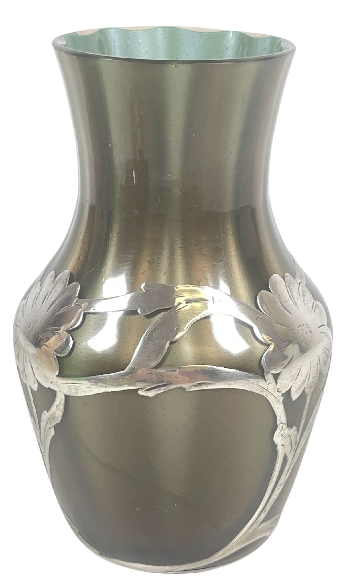 Art Nouveau Sterling Overlay Art Glass Vase: Iridescent olive green with floral silver overlay. Measures 4.5 inches high, 2.75 at its widest. Overall good condition, no chips or cracks