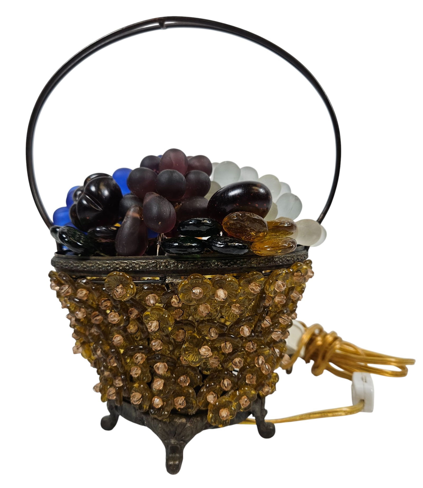 c1920 Czech Beaded Art Glass Fruit Basket Lamp: Lamp measures 10.25 inches to the handle, 7.25 inches wide. Overall good condition, some chips to the fruit, please see photos.