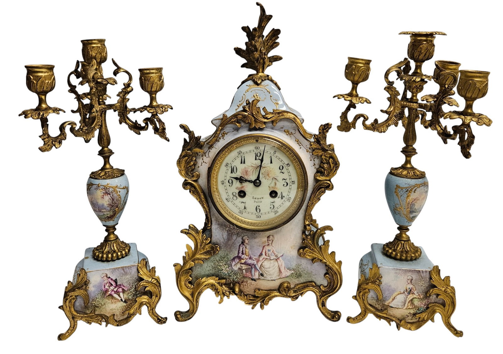 (3) French Louis XVI Style Bronze & Porcelain Clock Garniture Set Leroy Paris (1 of 7)