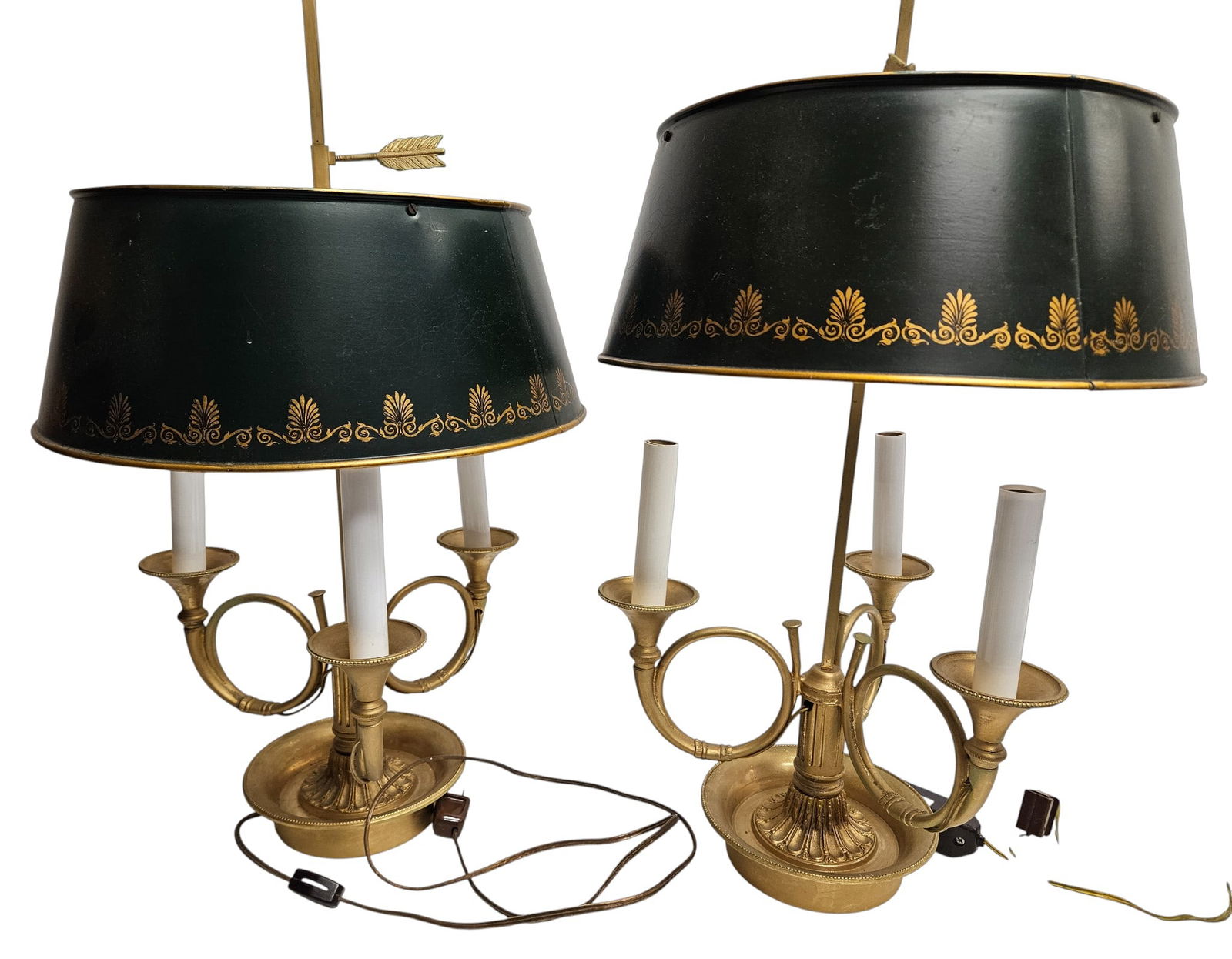 Pair French Horn Bronze Bouillotte Lamps with Tole Shades: Pair of French Horn Bouillotte Table Lamps, each having three French horn lights below a green Toleware shade. Overall good condition, some surface distress to interior of shade, some oxidation to hor