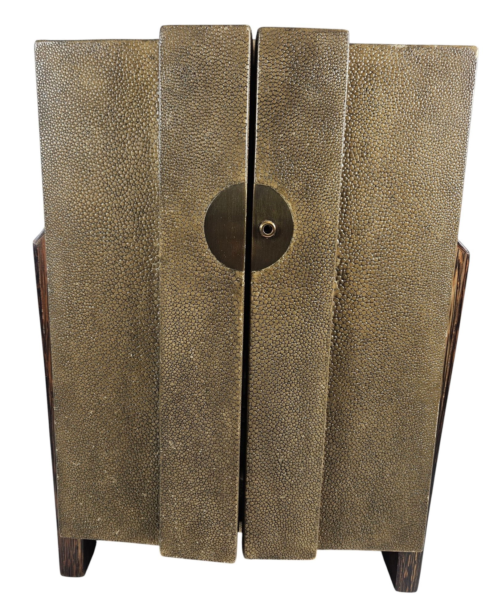 Art Deco Inspired R & Y Augousti Paris Shagreen Jewelry Cabinet: Shagreen covered jewelry cabinet featuring mother of pearl inlay. Constructed from wood, covered in a light beige toned shagreen on the inside, green on the outside. Central drawers featuring unique