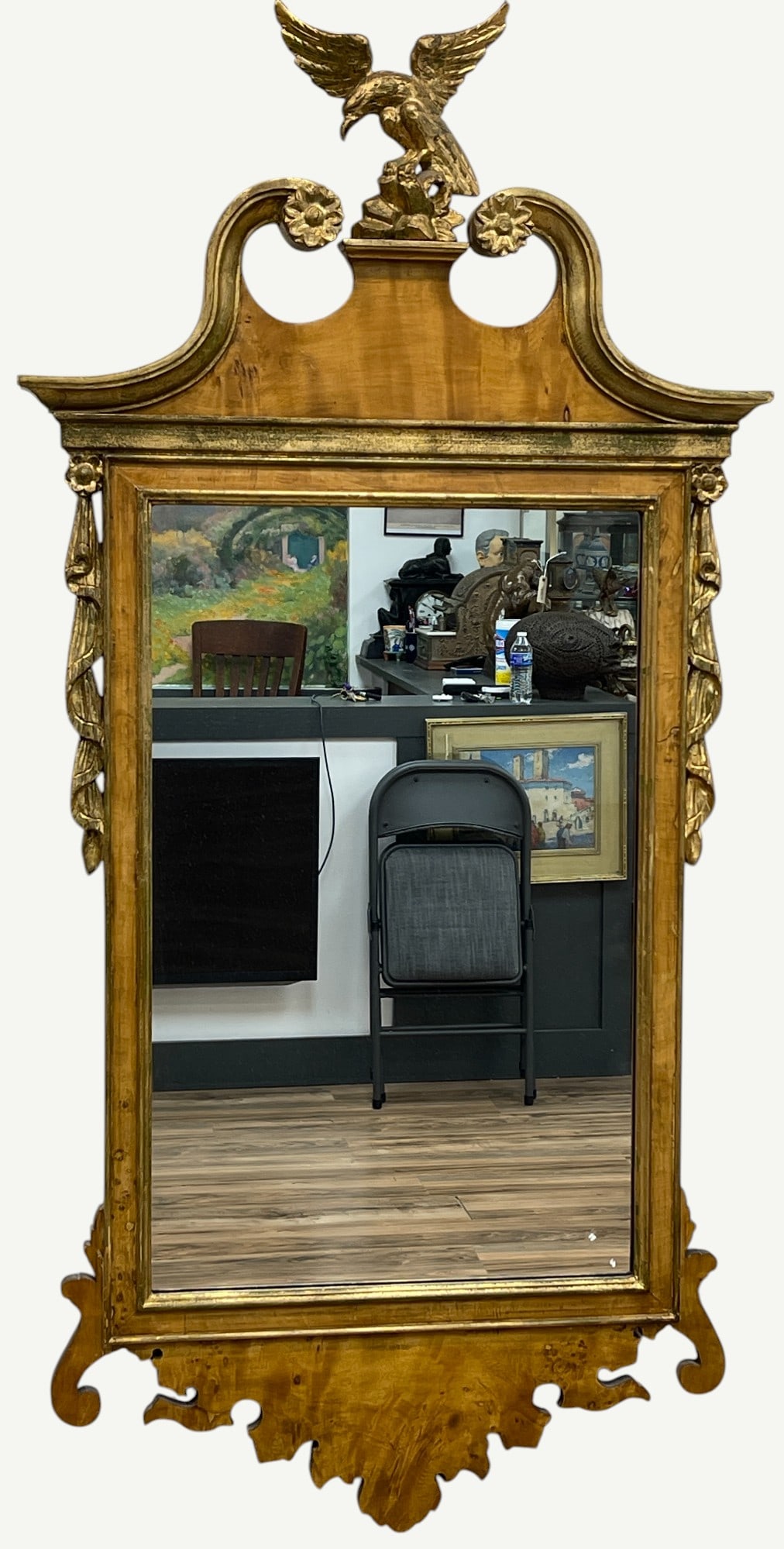 Mahogany Chippendale Style Mirror with Eagle: Eagle at top with foliate garlands on either side. Measures 54 inches high, 24 inches wide. Overall good condition.