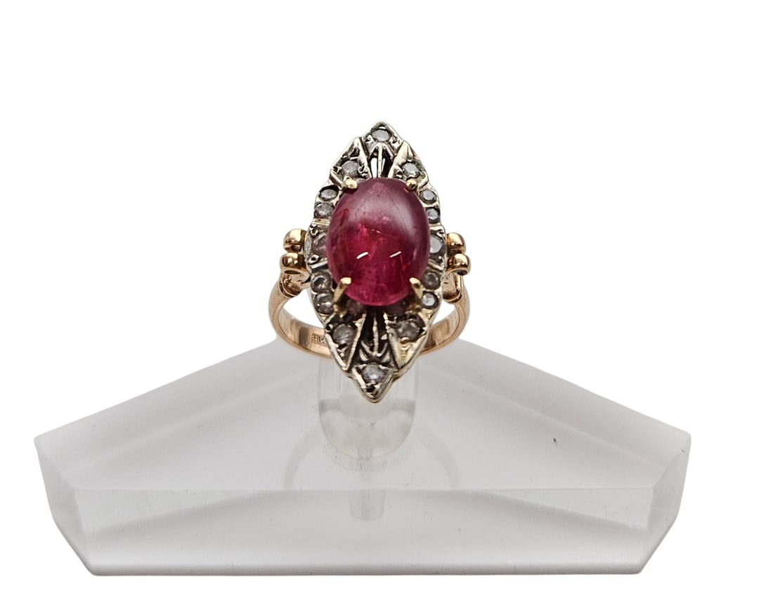 Art Deco Inspired 14k Yellow Gold Diamond & Cabochon Ruby Ring size 6: (18) total diamonds surrounding a central oval cabochon ruby. Tested for ruby, are not sure if natural or synthetic. Total weight 6.2 grams. Overall good condition, please see photos.