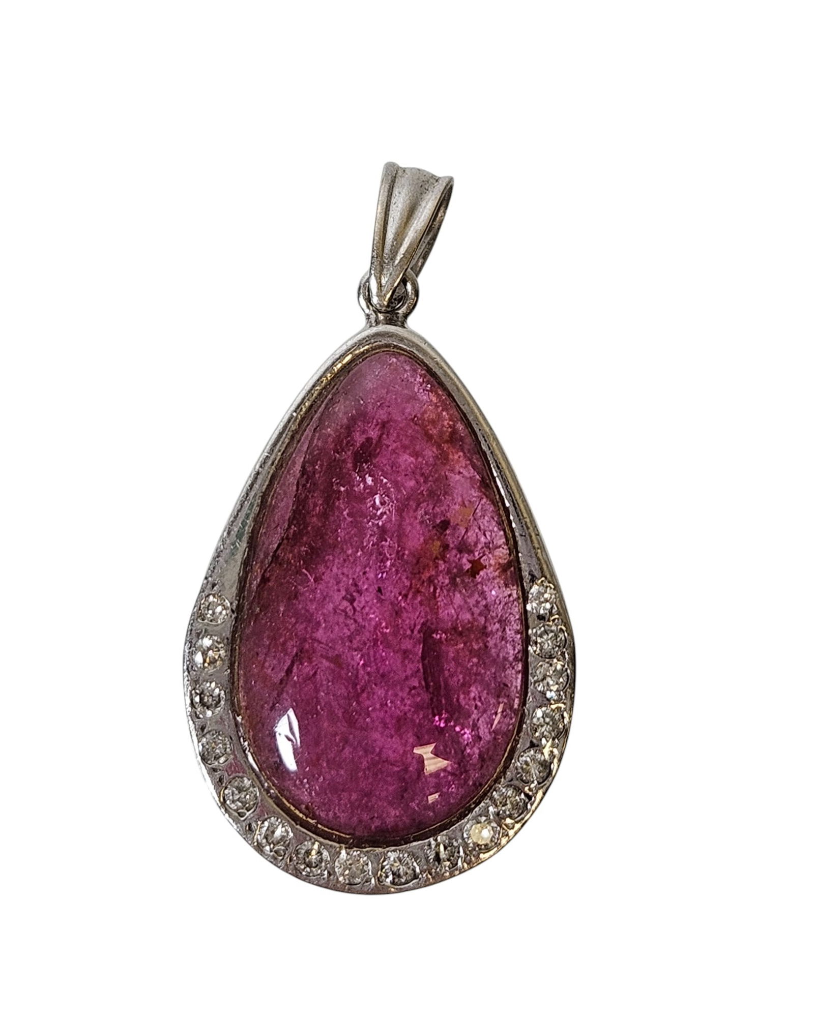 Vintage 14k White Gold Diamond & Pink Jade Pendant: (17) graduated diamonds set along the bottom of the pendant, pink cabochon jade set in the 14k white gold. Measures 1.375 inches long. Total weight 5.9 grams. Overall good condition, please see photos