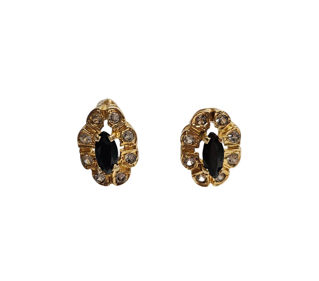 Vintage 14k Yellow Gold Diamond & Sapphire Earrings: (8) diamonds surrounding a center sapphire. Measure 0.5 inch long. Total weight 2.2 grams. Overall good condition, please see photos.