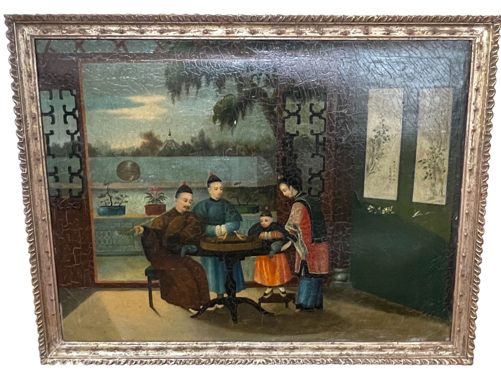 Attributed Yougua O/C c.1850s Chinese Family Gathering: Attributed to Yougua (China, fl. 1840 - 1870) unsigned work on canvas depicting a Chinese domestic family home gathering, with doves on the table and the river in the background. Work is in good