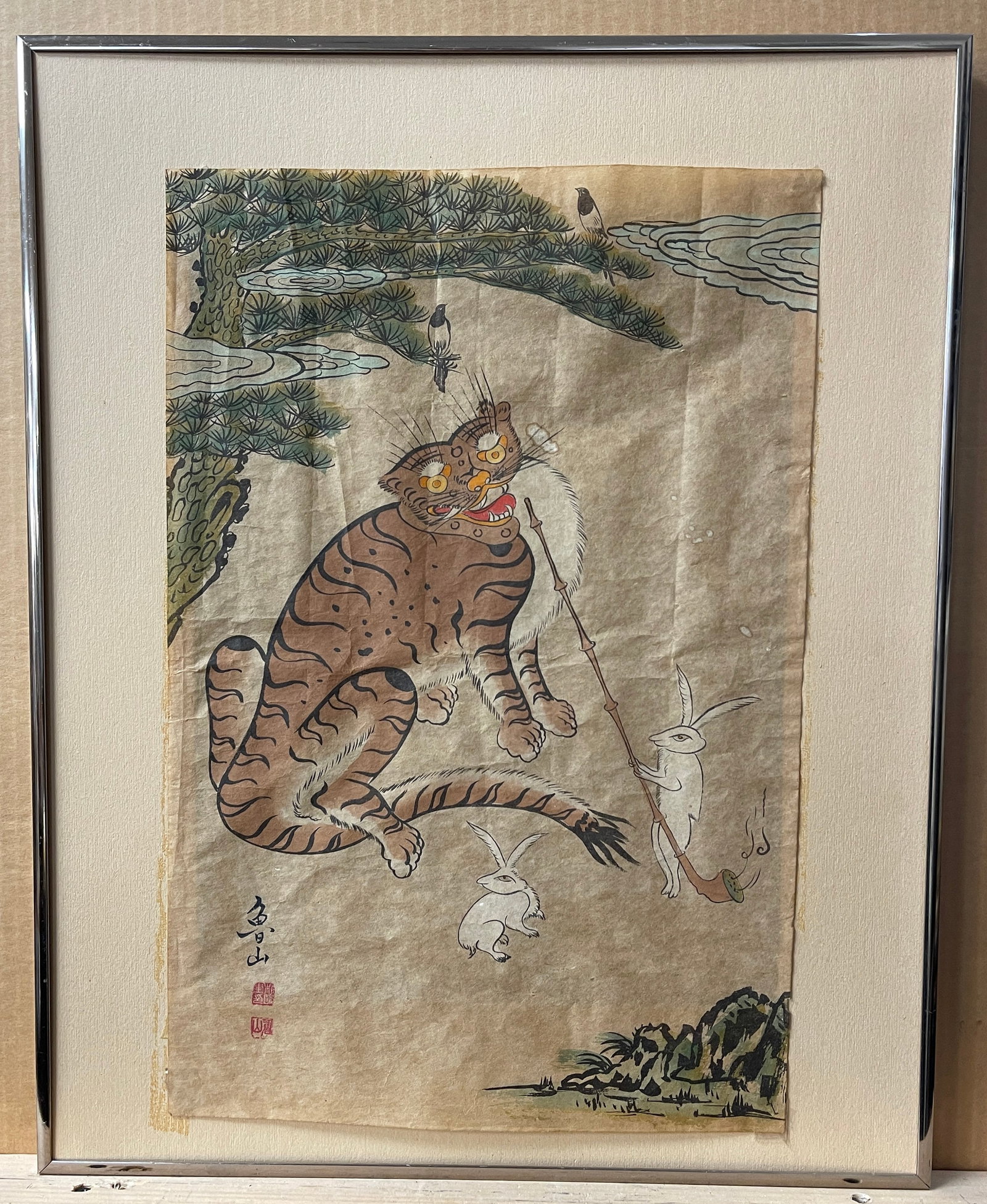 After Kim Hong-do 18th/19th c. Woodblock Tiger & Rabbits (1 of 7)