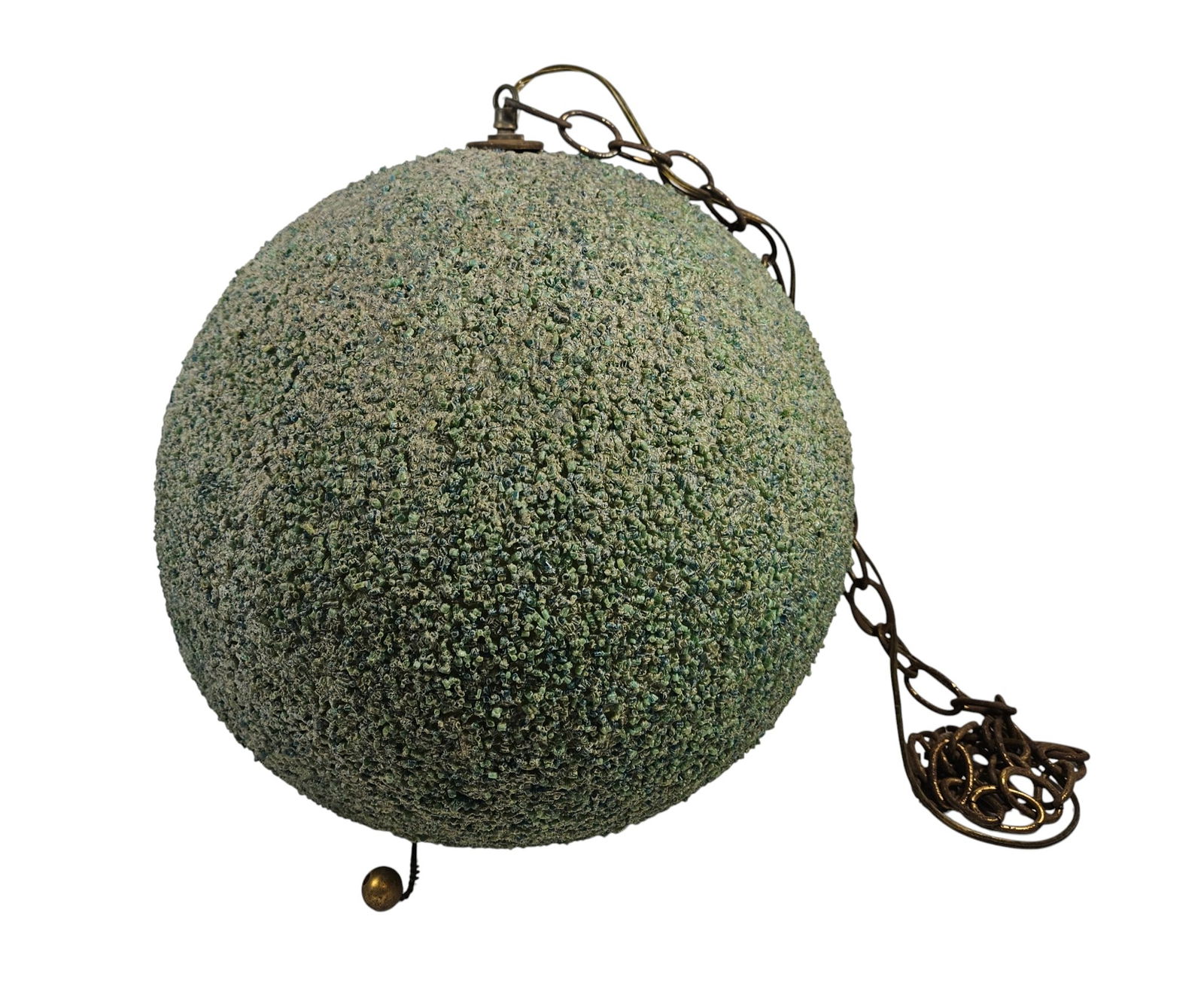 Mid Century Green Fiberglass Sugar Ball Pendant Lamp: Fiberglass ball with blue/green beads attached. Measures approx 14 inches in diameter. Overall good condition, please see photos.