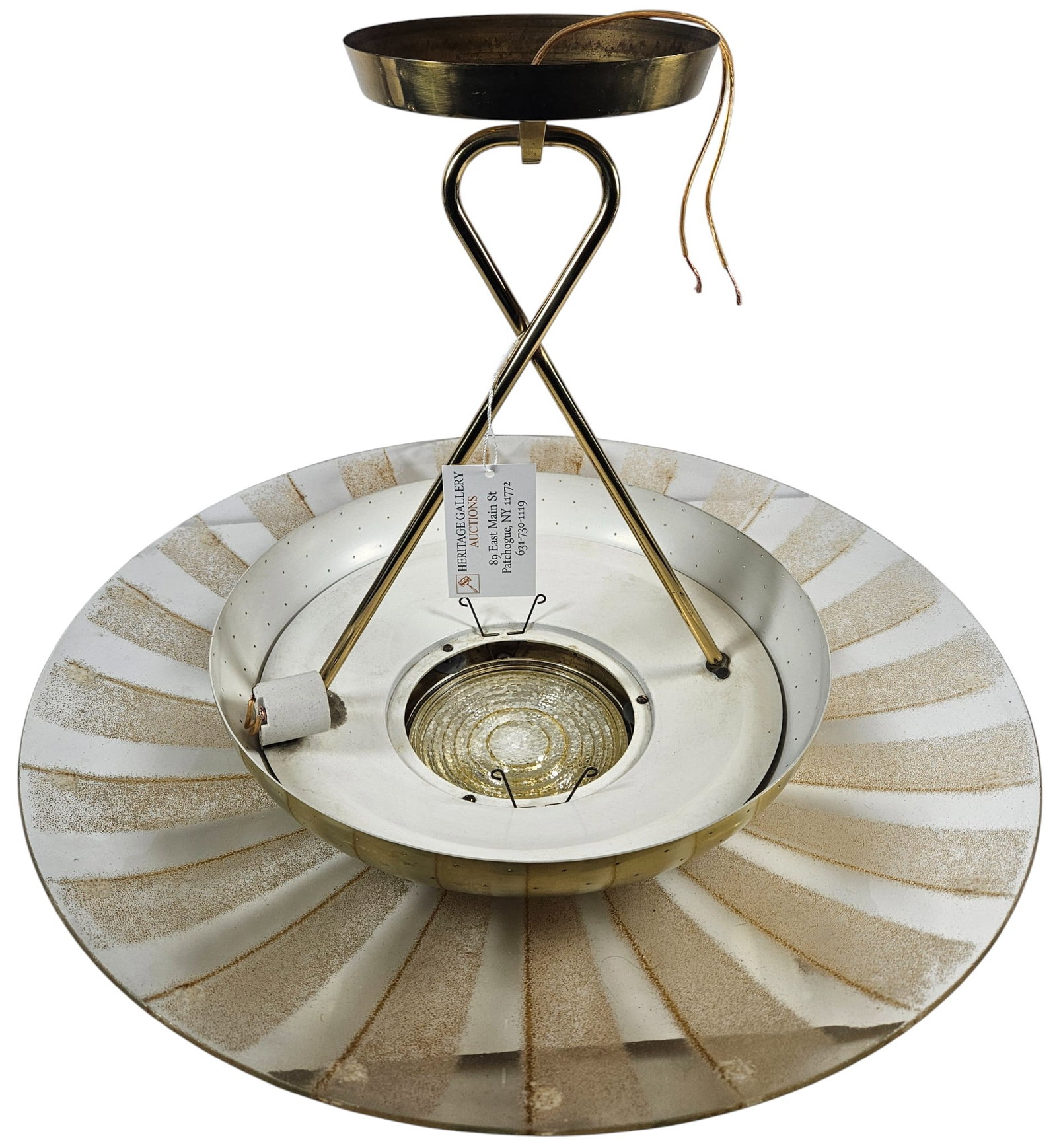 Mid Century Gerald Thurston Signed Lightolier UFO Shape Chandelier: Mid-Century glass chandelier with gilt details by Gerald Thurston for Lightolier, circa 1960. Original label still on chandelier. Measures approx 19.5 inches high, 23.5 inches in diameter. Overall goo