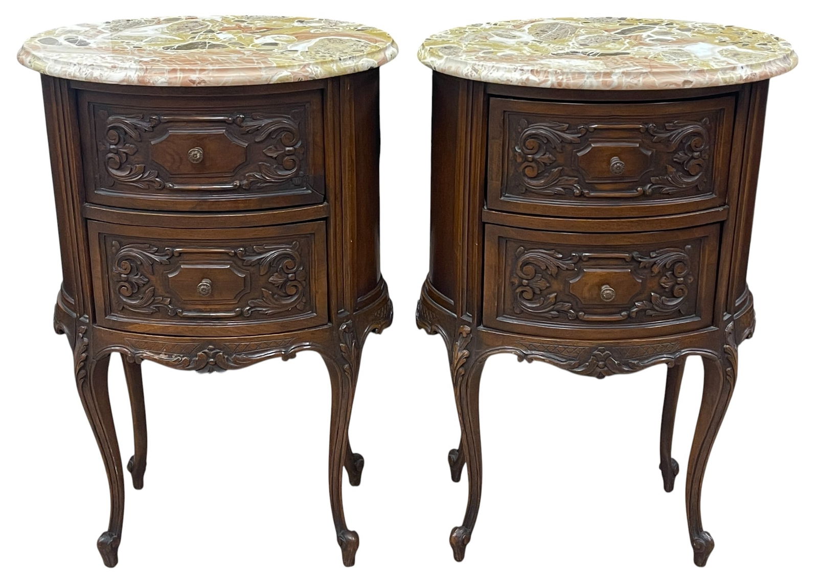 Pair Italian Rococo Style Walnut Carved Demilune Marble Top Nightstands (1 of 6)