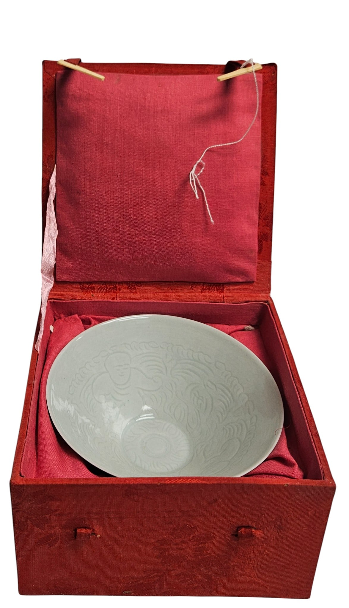 18/19C Chinese Monochrome White Glaze Anhua Bowl: A Chinese monochrome white eggshell anhua bowl with applied design with presentation box. Bowl meausres 1.875 inches high, 4.75 inch openin at top. Overall very good condition, no chips, cracks, break