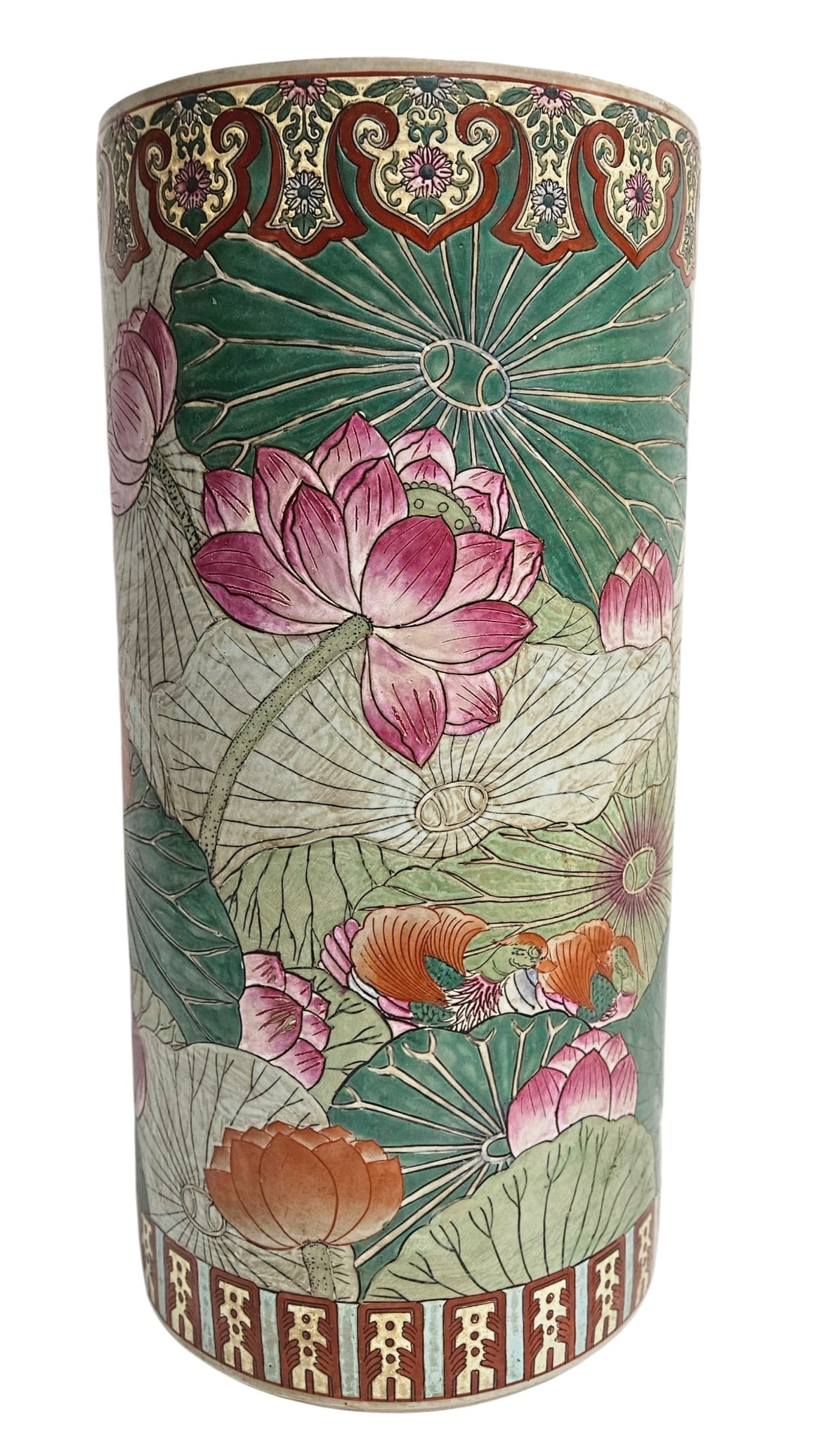 18th Century Quianlong Reign Chinese Famille Rose Umbrella Stand: Featuring a hand painted design of lotus flowers, lily pads, koi fish, and birds. Measures 18.5 inches high, 9.25 inches in diameter. Overall good conditon, no chips, cracks, breaks, or repairs.