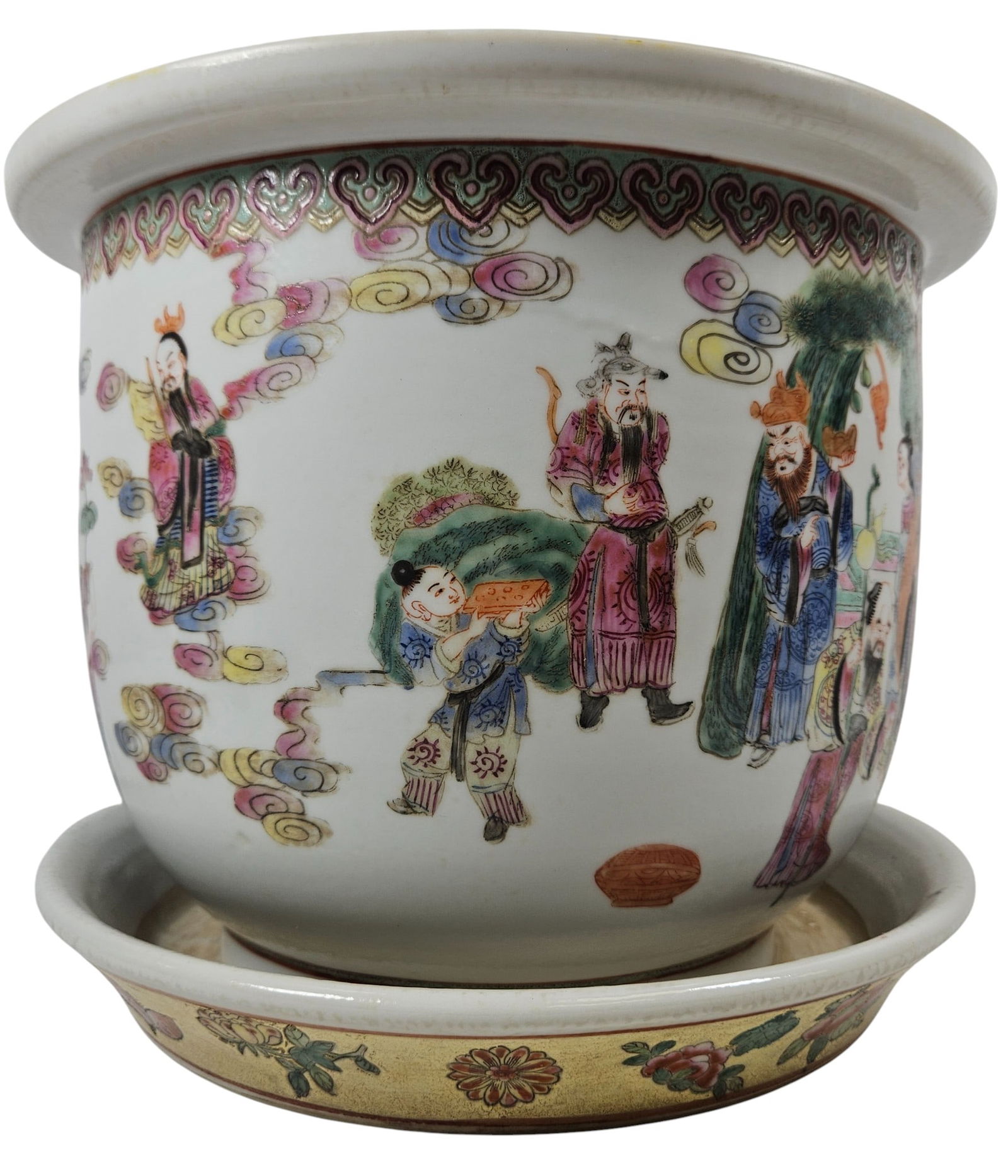 18th Century Quianlong Reign Chinese Famille Rose Porcelain Planter & Underplate: Decorated with intricate hand painted scenes featuring figures in traditional dress & botanical elements. Planter measures with the underplate 9.5 inches high. Planter is 12 inches wide across the top