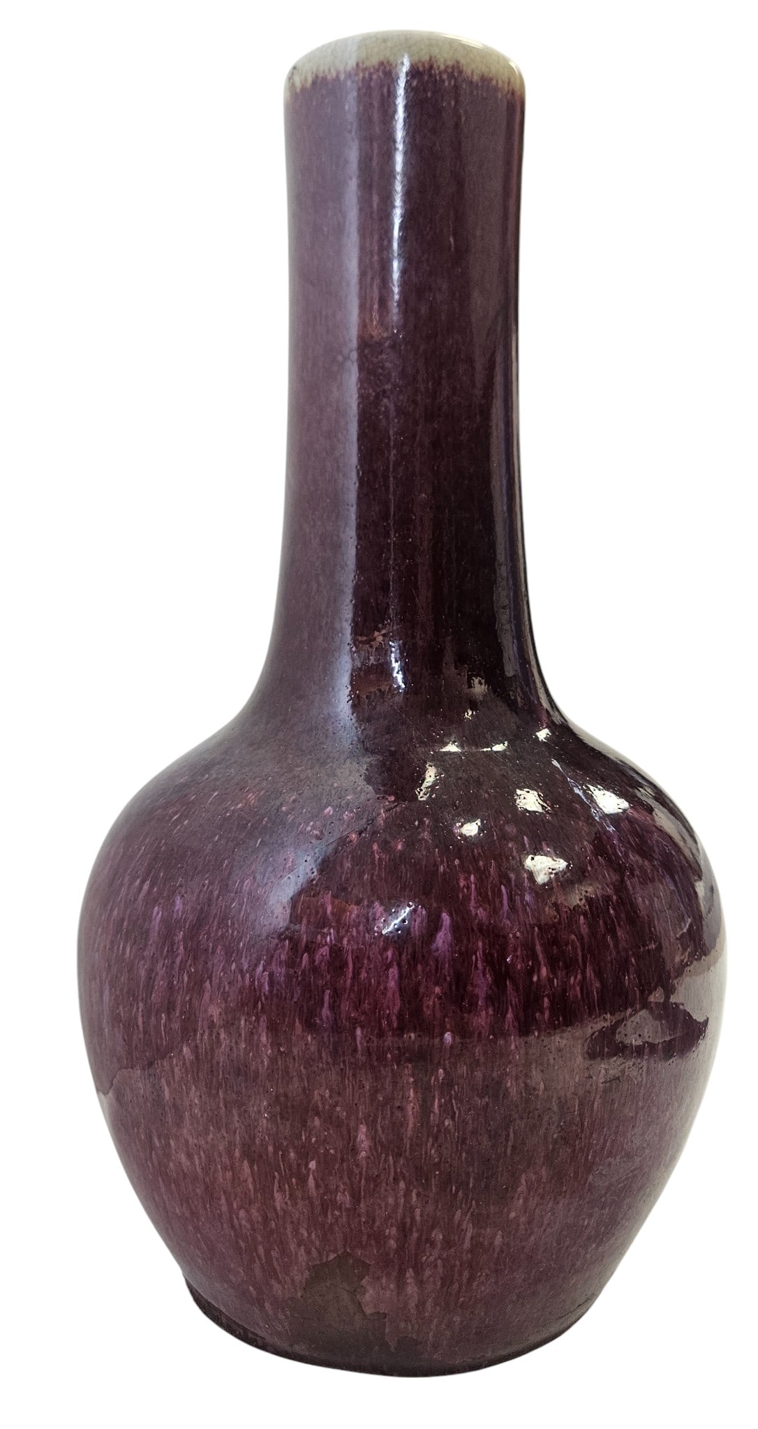 18/19 Century Chinese Oxblood Vase: Chinese oxblood vase, Qing Dynasty (18th/19th c.), blood red glazed stoneware with slight flame around neck lip. Measures 13.6 inches high, 7 inches at its widest. Overall good condition, some crazing