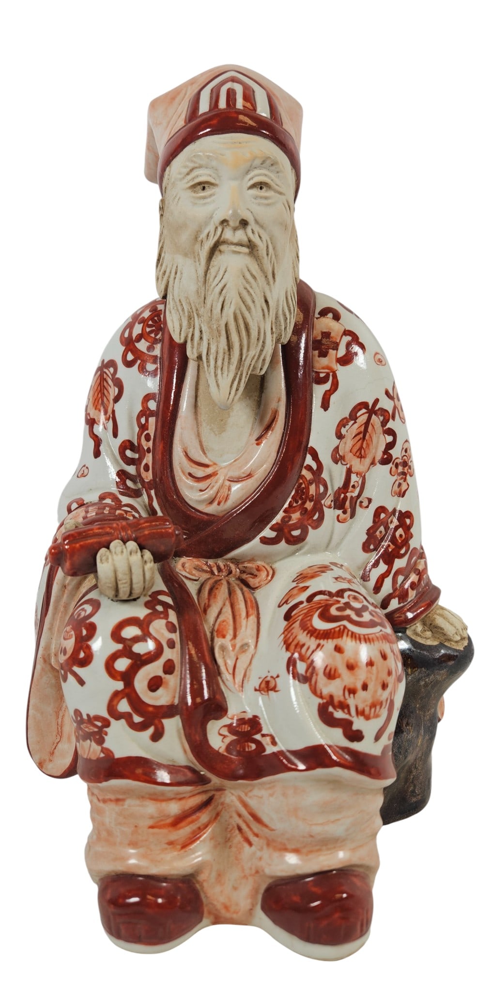 Japanese Kutani Jurojin Porcelain Statue: Hallmark on the bottom. Measures 12 inches high, 7 inches wide, 6 inches deep. Overall good condition, a separation crack along the back, please see photos.