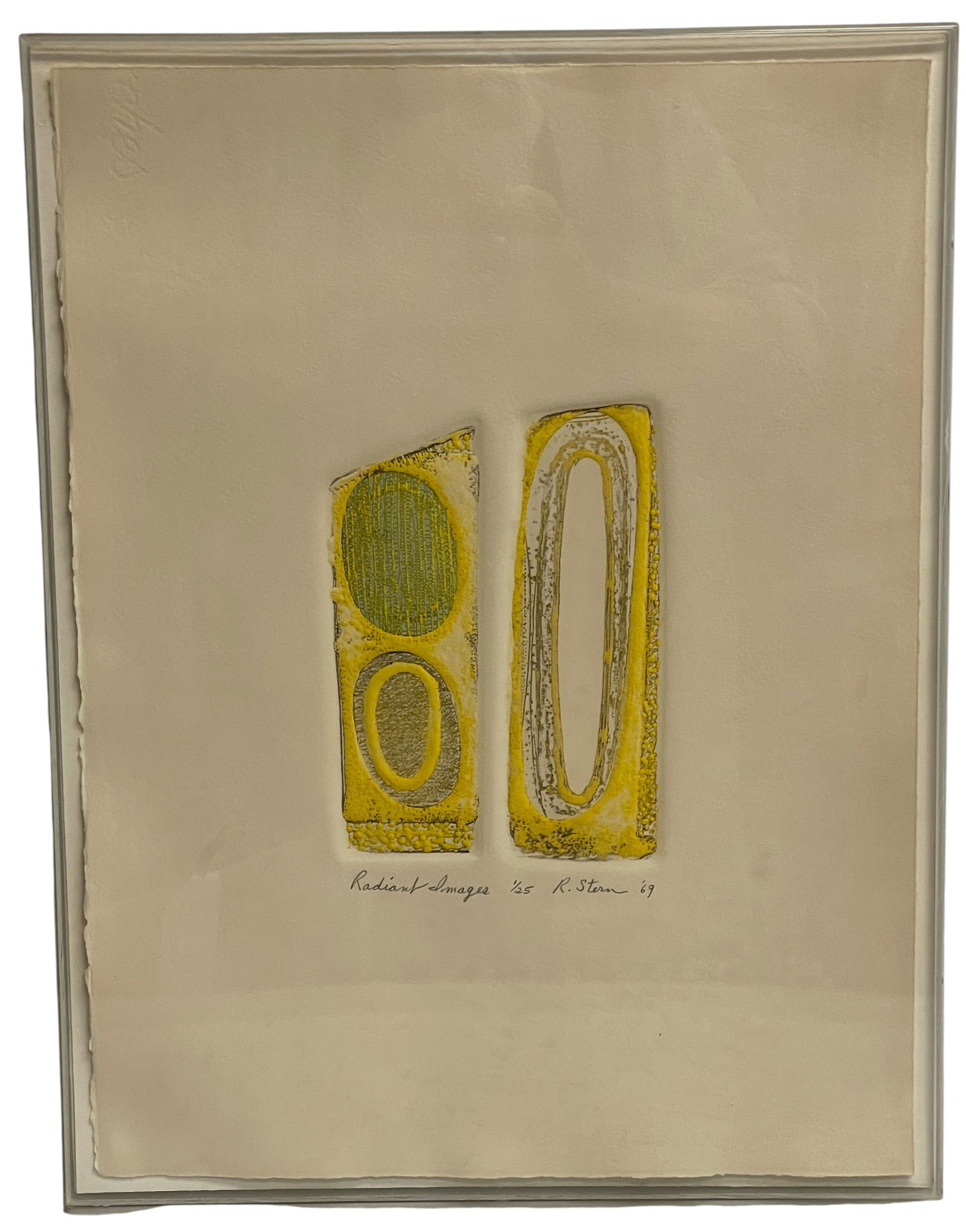 Signed R. Stern L/E Embossed Intaglio Radiant Images: Signed R. Stern Embossed Intaglio Print titled "Radiant Images", 1969. Pencil signed, dated, titled and numbered 1/25 in the lower border. Very good condition with toning to the paper. Kulicke framed