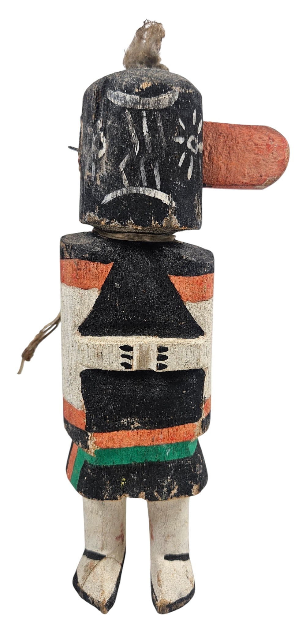 c1940 Hopi Old Grandmother Kachina: Missing piece to left side, please see photos. Measures 6.5 inches wide, 2 inches wide across the body. Overall fair condition, please see photos. Provenance: from a prolific collection of American