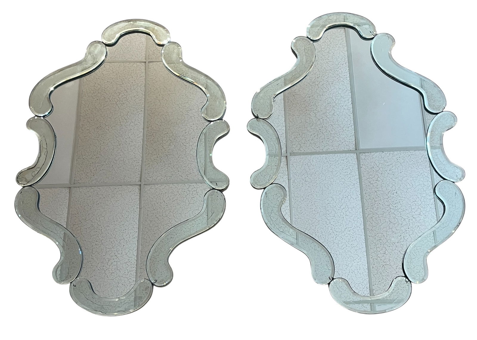 Pair c1940 Hollywood Regency Scalloped Edge Mirrors - 2