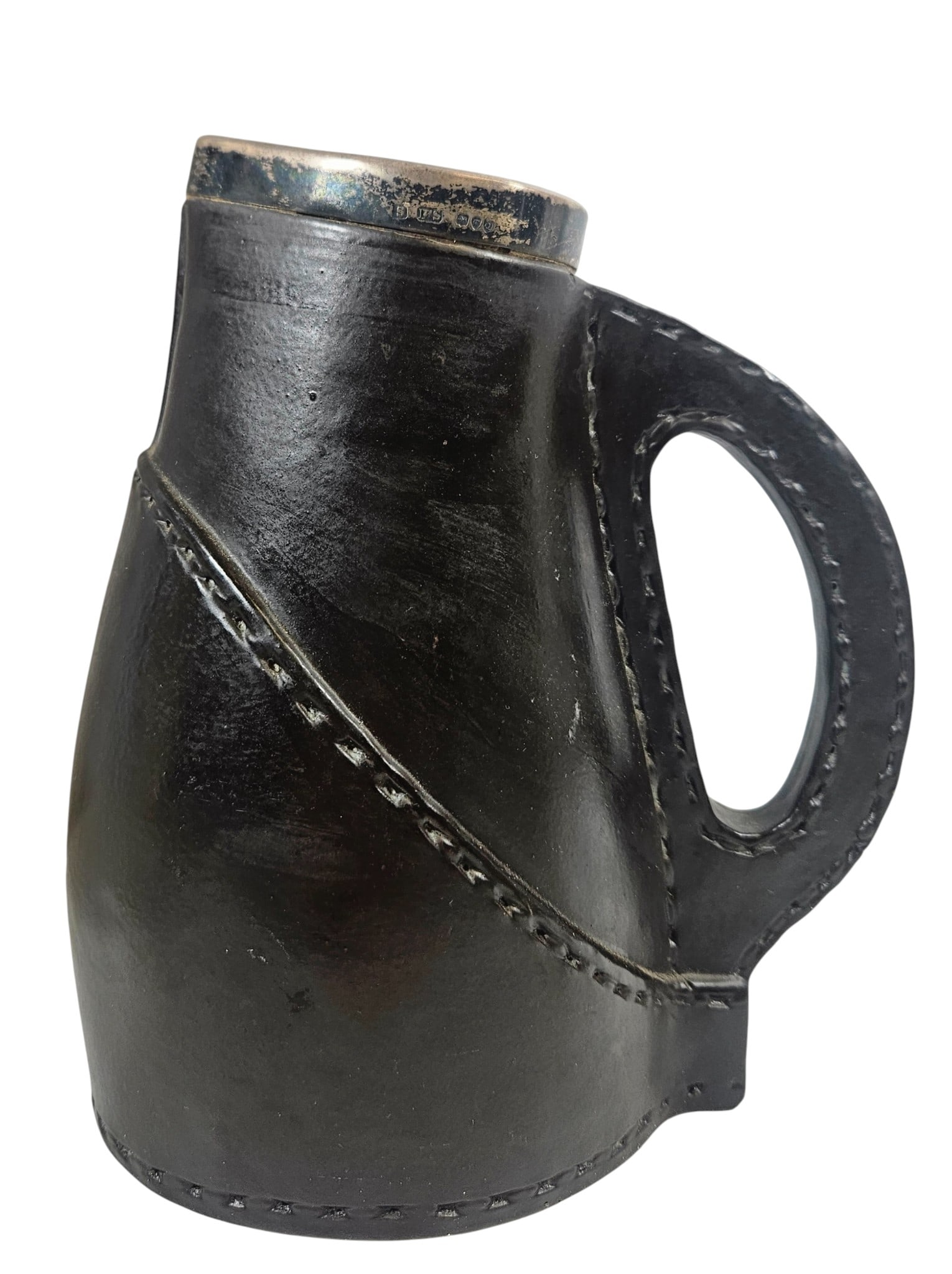 c1891 Doulton Lambeth Sterling Silver Rim Leatherware Jug: Measures 6.5 inches high, 5.5 inches wide to handle. Sillver from London, dated 1891, maker mark hard to read. Overall good condition, please see photos.